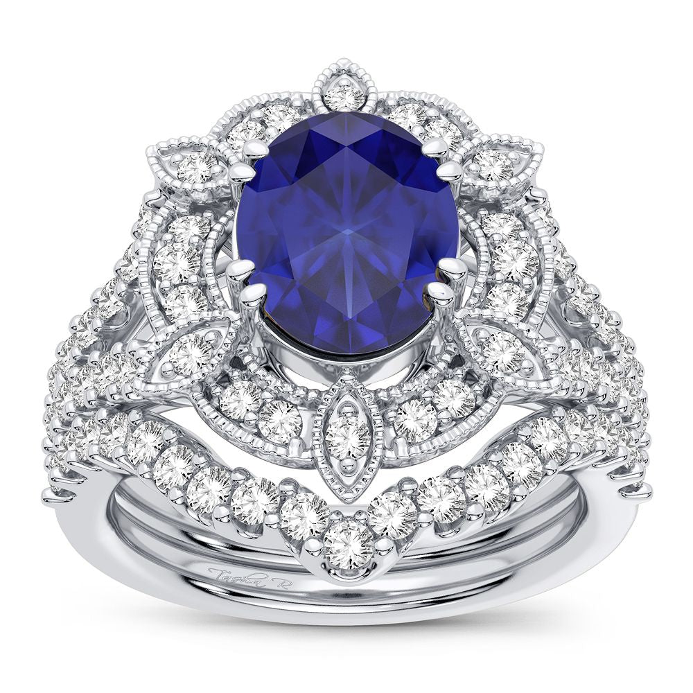 14K White Gold Elegant 0.90Ct Diamond Sapphire Ring