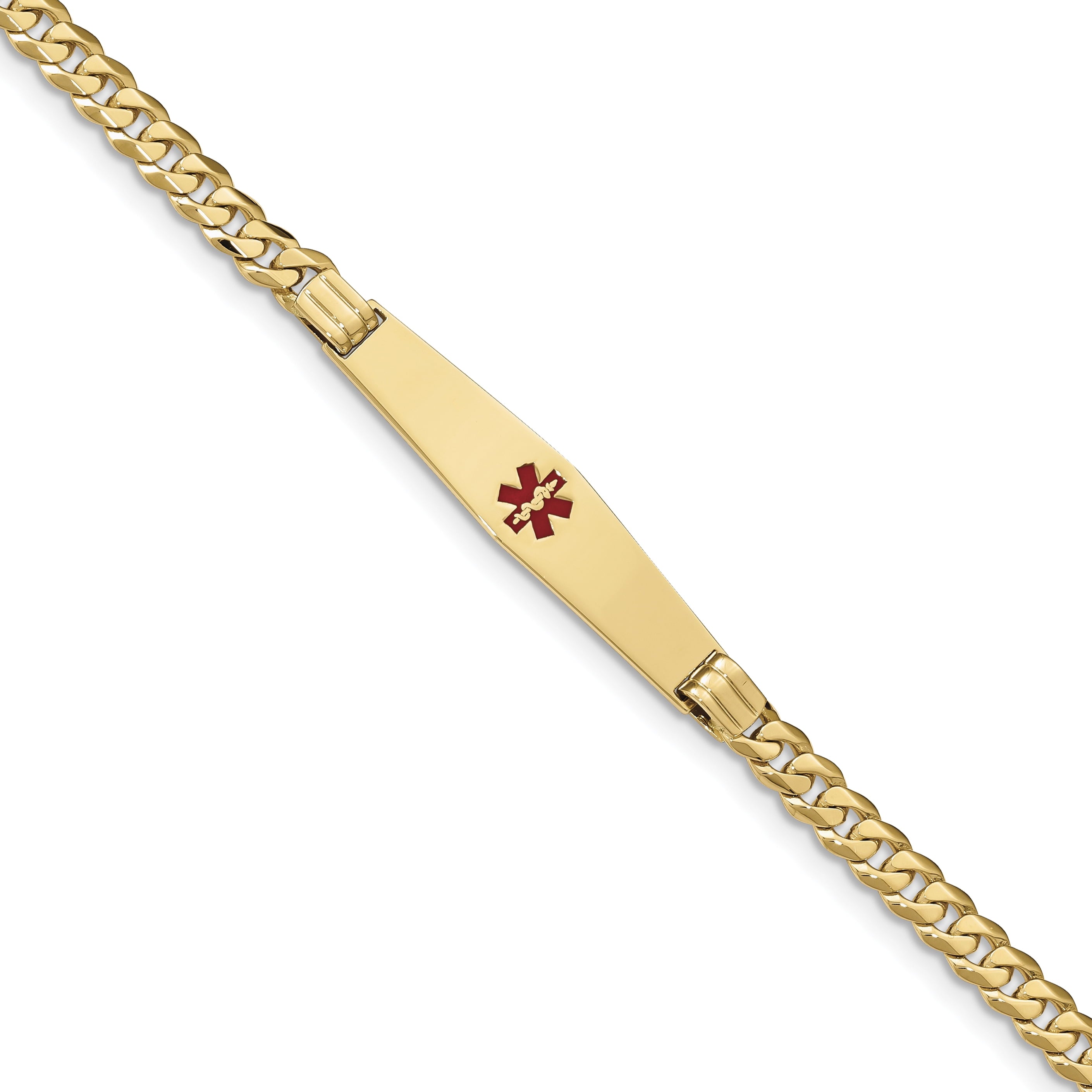 14K Medical Soft Diamond Shape Red Enamel Curb Link ID Bracelet