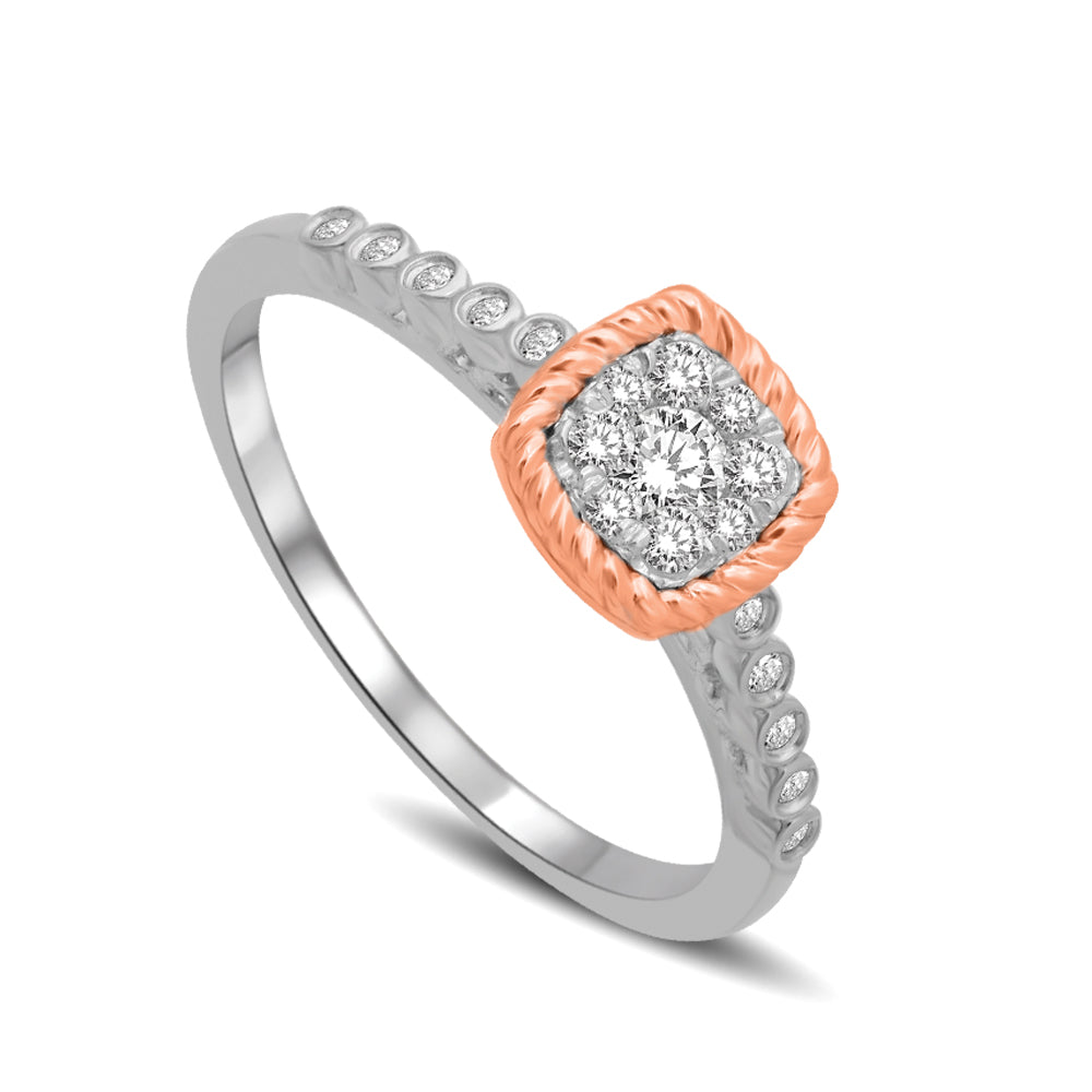 14K White Gold with accent of 14K Rose gold 1/4 Ctw Diamond Square Flower Engagement Ring