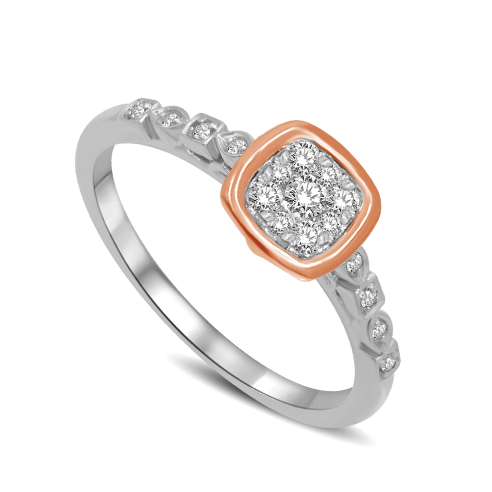 14K white gold with accent of 14K Rose gold 1/4 Ctw Diamond Square Flower Engagement Ring