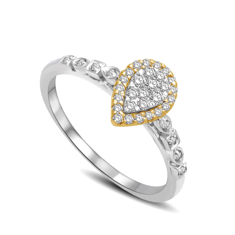 14K White Gold With Accent of 14K Yellow gold 1/4 Ctw Diamond Pear Shape Flower Engagement Ring