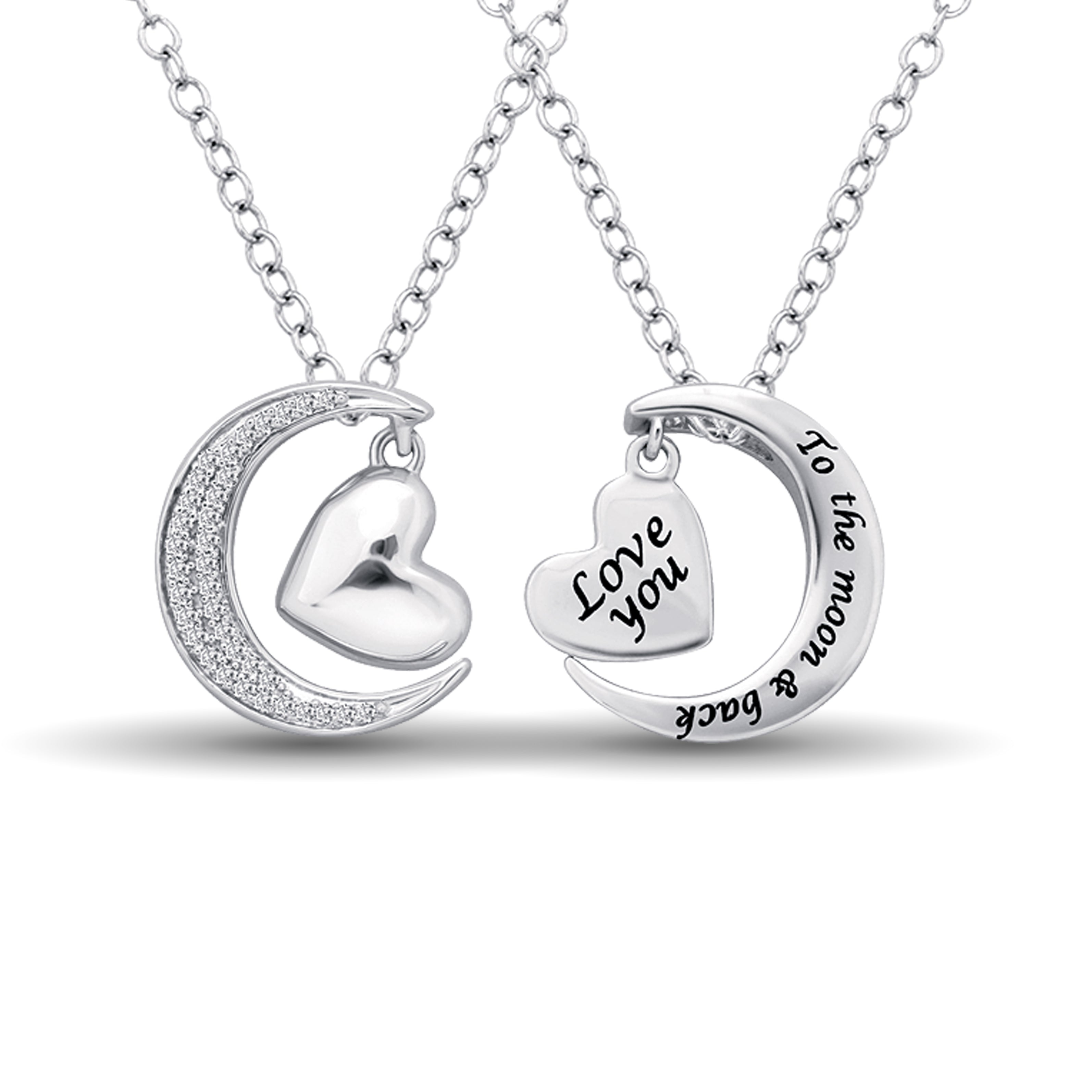 Sterling Silver 1/8 Ctw Diamond Heart  & Moon Pendant