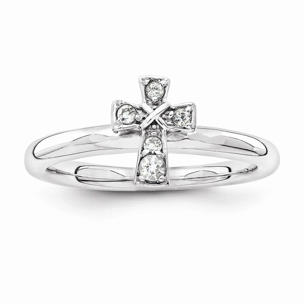 Sterling Silver Stackable Expressions Rhodium White Topaz Cross Ring