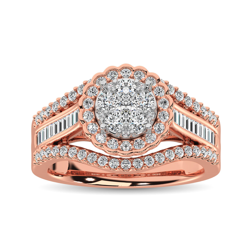 10K Rose Gold Round and Baguette Diamond 1 Ct.Tw. Engagement Ring