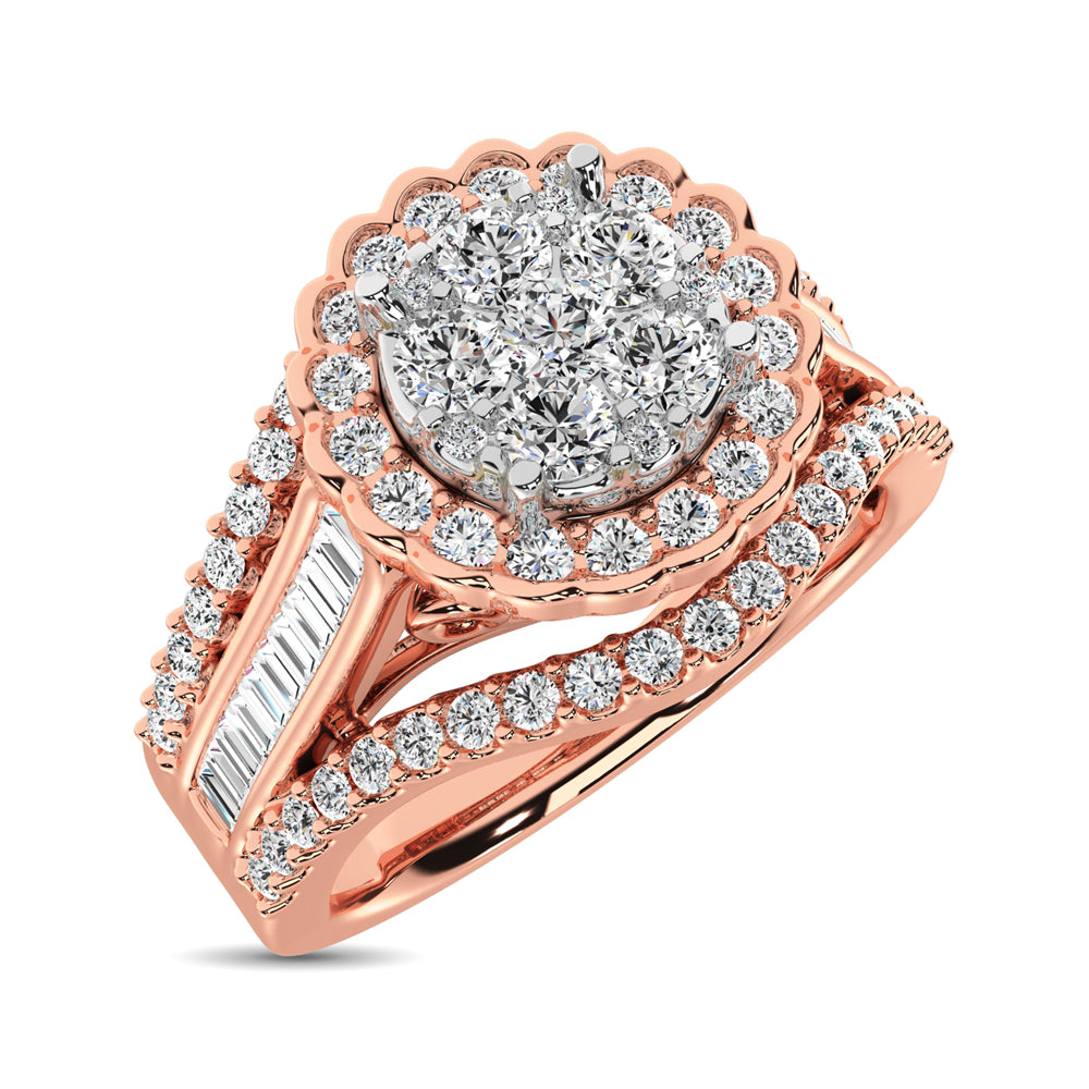 10K Rose Gold Round and Baguette Diamond 1 Ct.Tw. Engagement Ring