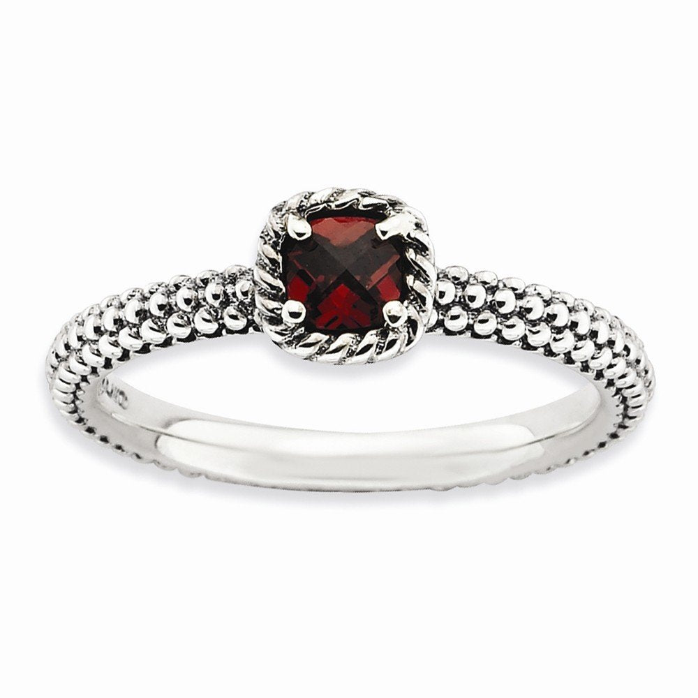 Sterling Silver Stackable Expressions Checker-cut Garnet Antiqued Ring