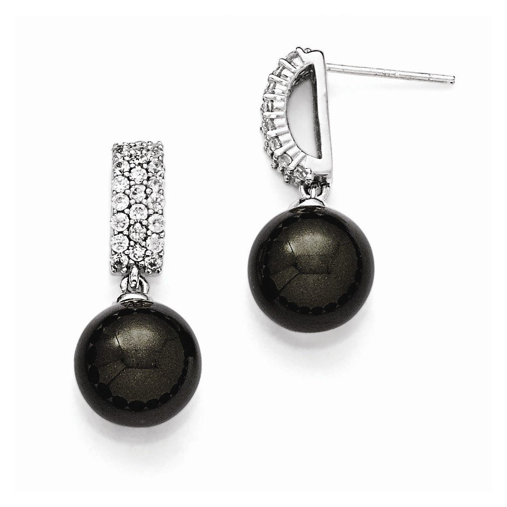 Sterling Silver Majestik 101mm Black Shell Bead & CZ Dangle Earrings QMJE109B