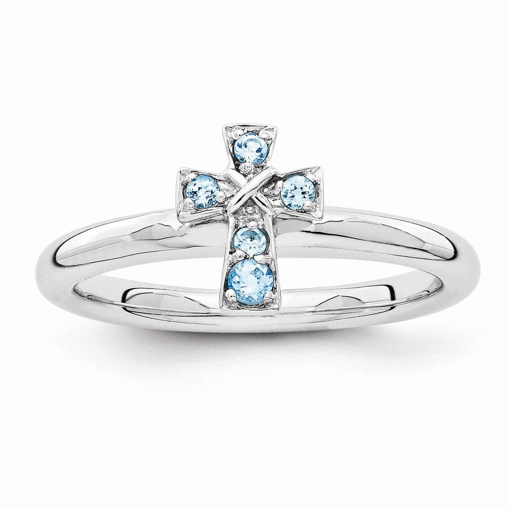 Sterling Silver Stackable Expressions Rhodium Blue Topaz Cross Ring