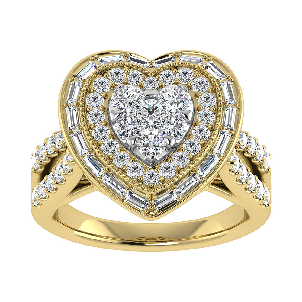 14K Yellow Gold 1 1/2.Tw. Round and Straight Baguette Diamond Heart Ring