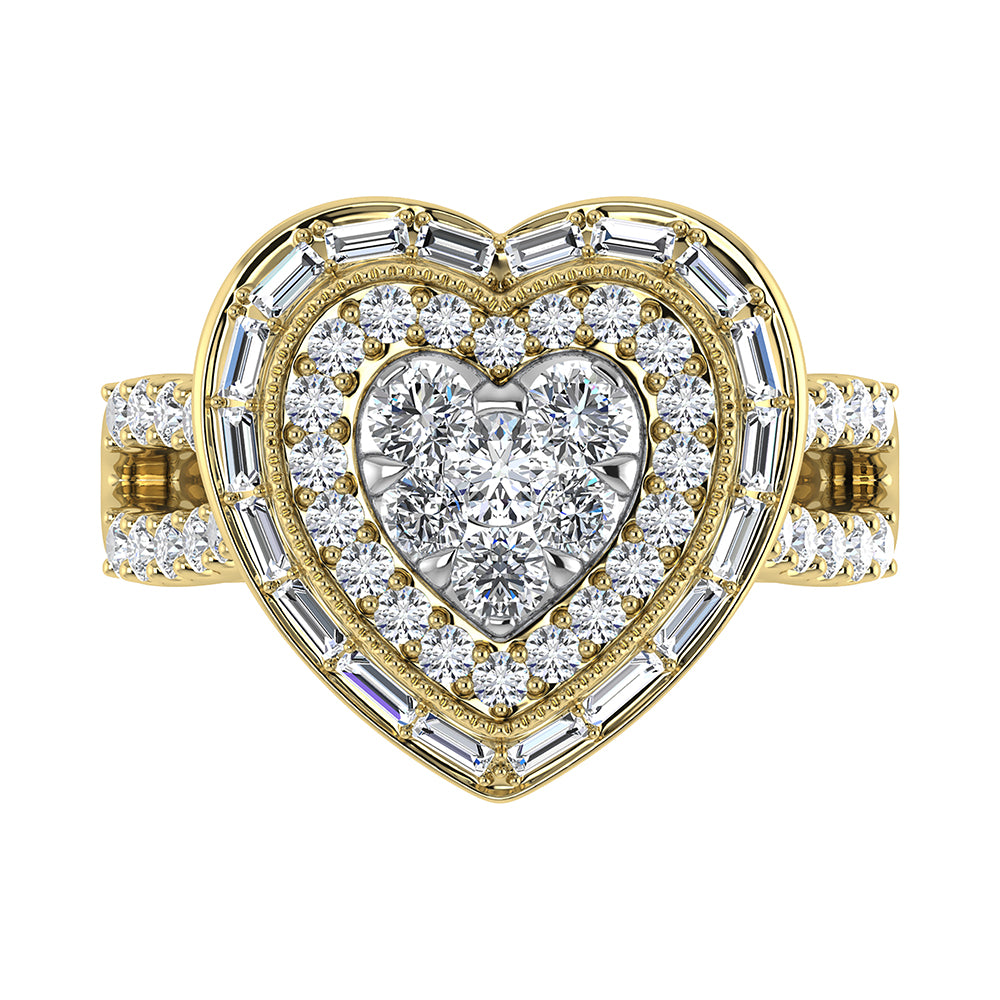 14K Yellow Gold 1 1/2.Tw. Round and Straight Baguette Diamond Heart Ring