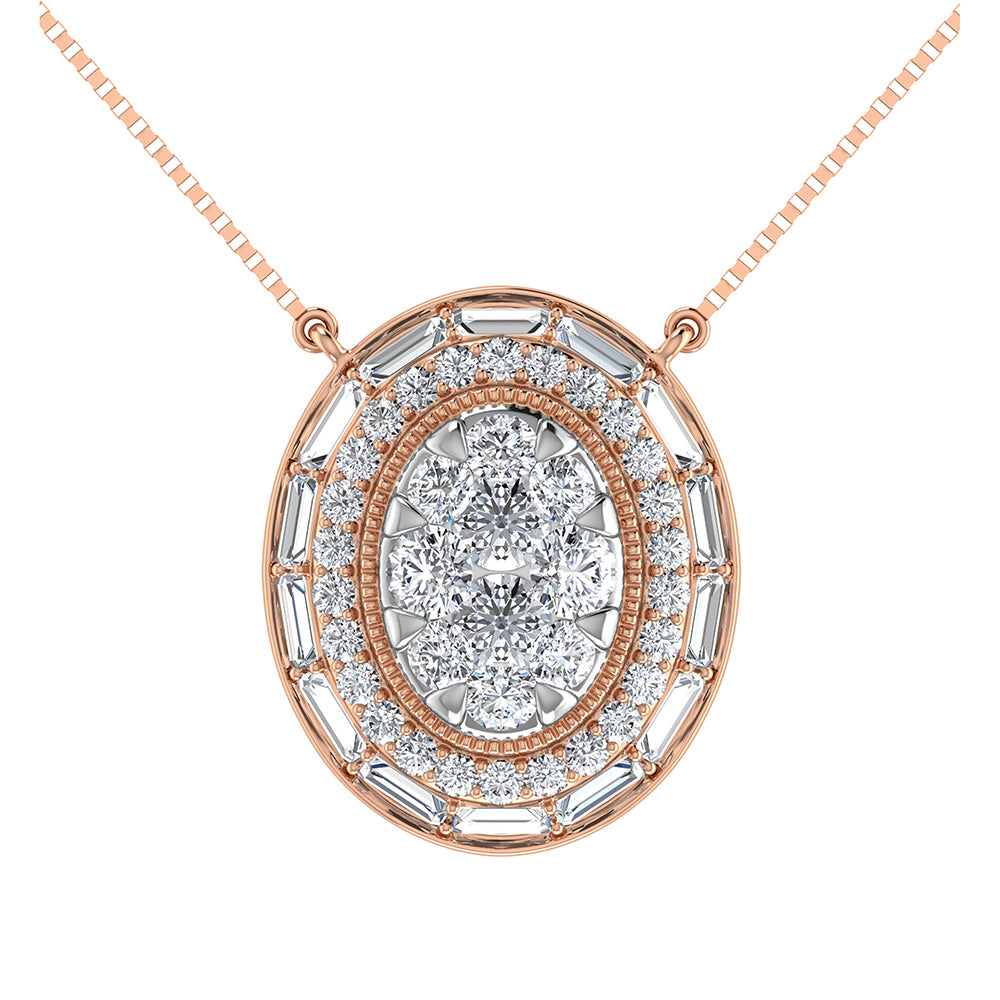 14K Pink Gold 3/4.Tw. Round and Baguette Diamond Oval Shape Necklace