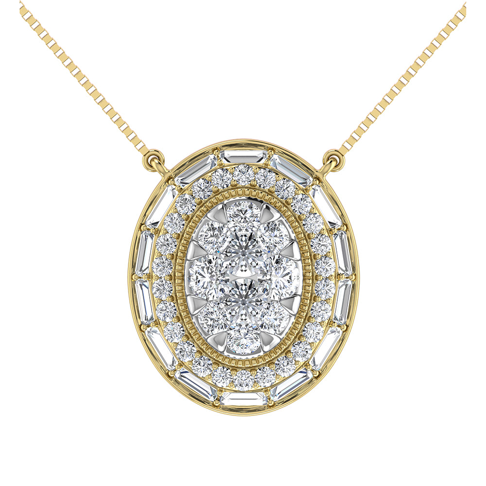 14K Yellow Gold 3/4.Tw. Round and Baguette Diamond Oval Shape Necklace