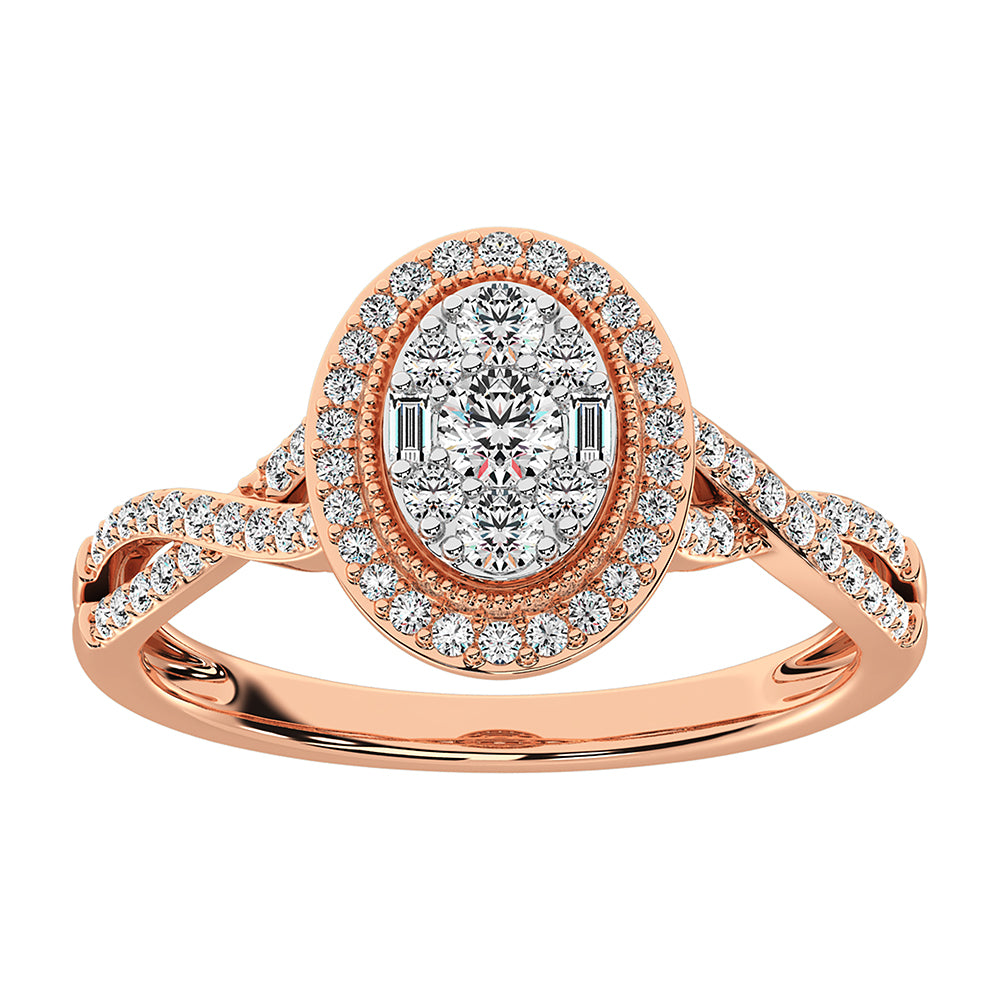 14K Rose Gold 1/2 Ct.Tw. Diamond Round and Baguette Oval Shape Engagement Ring