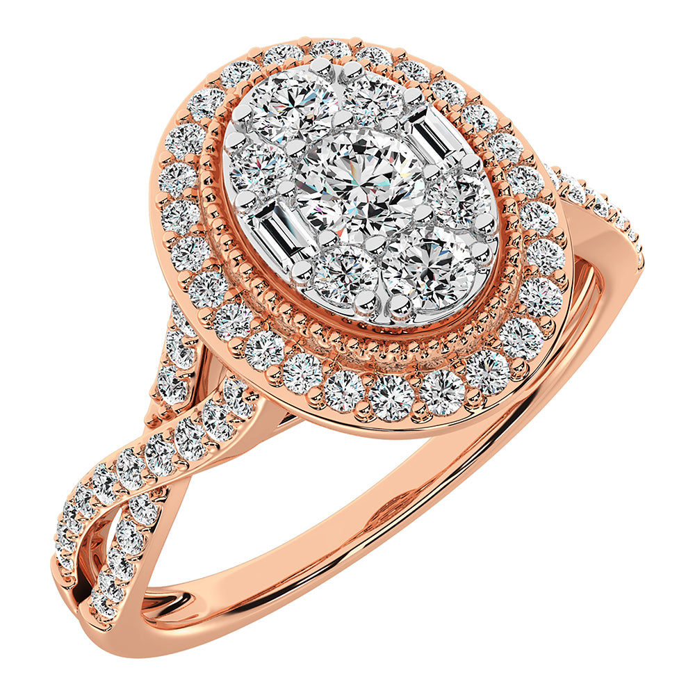 14K Rose Gold 1/2 Ct.Tw. Diamond Round and Baguette Oval Shape Engagement Ring