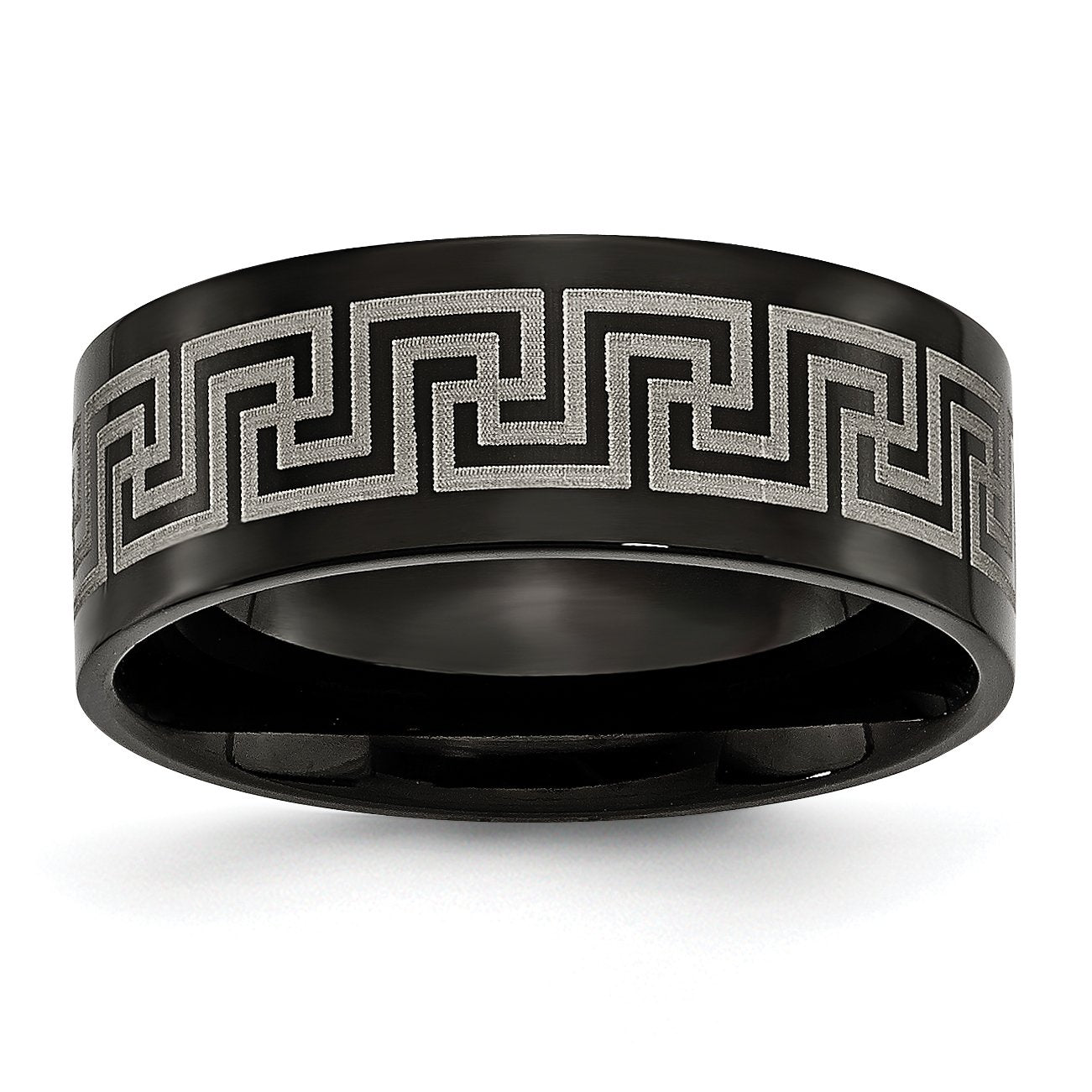 Titanium Black IP-plated Greek Key Laser Etched 8mm Brushed/Polished Band TB364