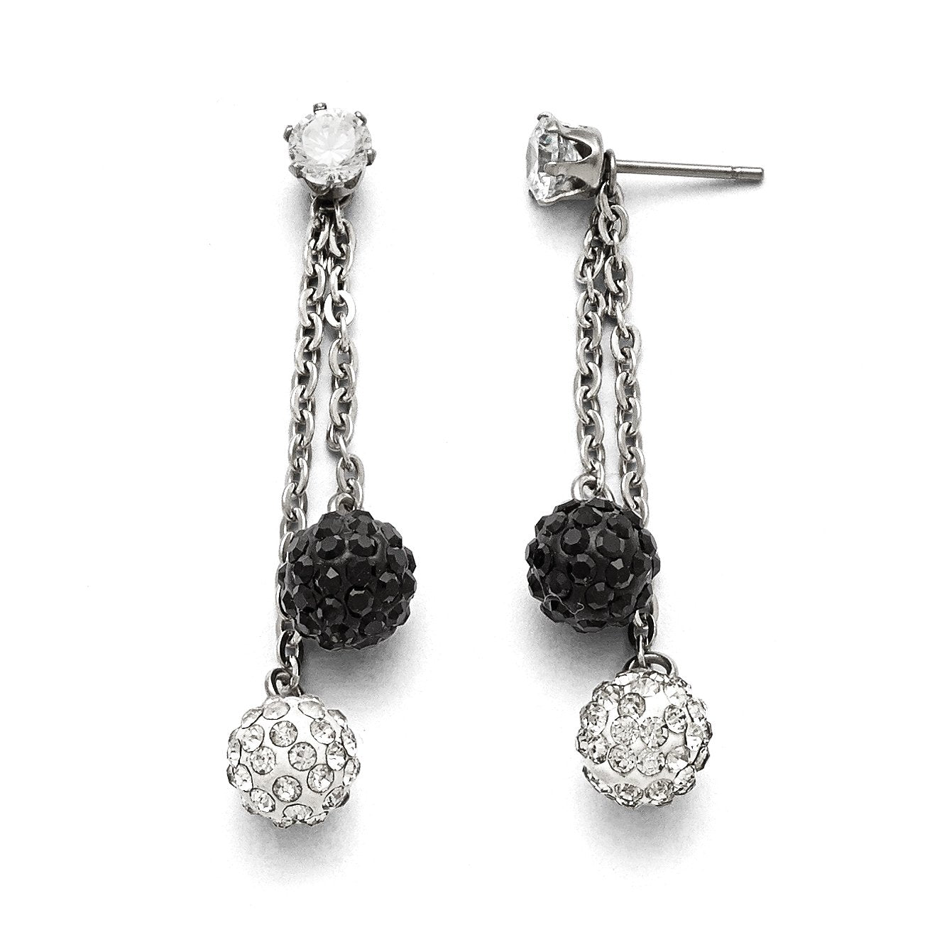 Stainless Steel Polished Black and White Crystal Post Dangle Earrings SRE848