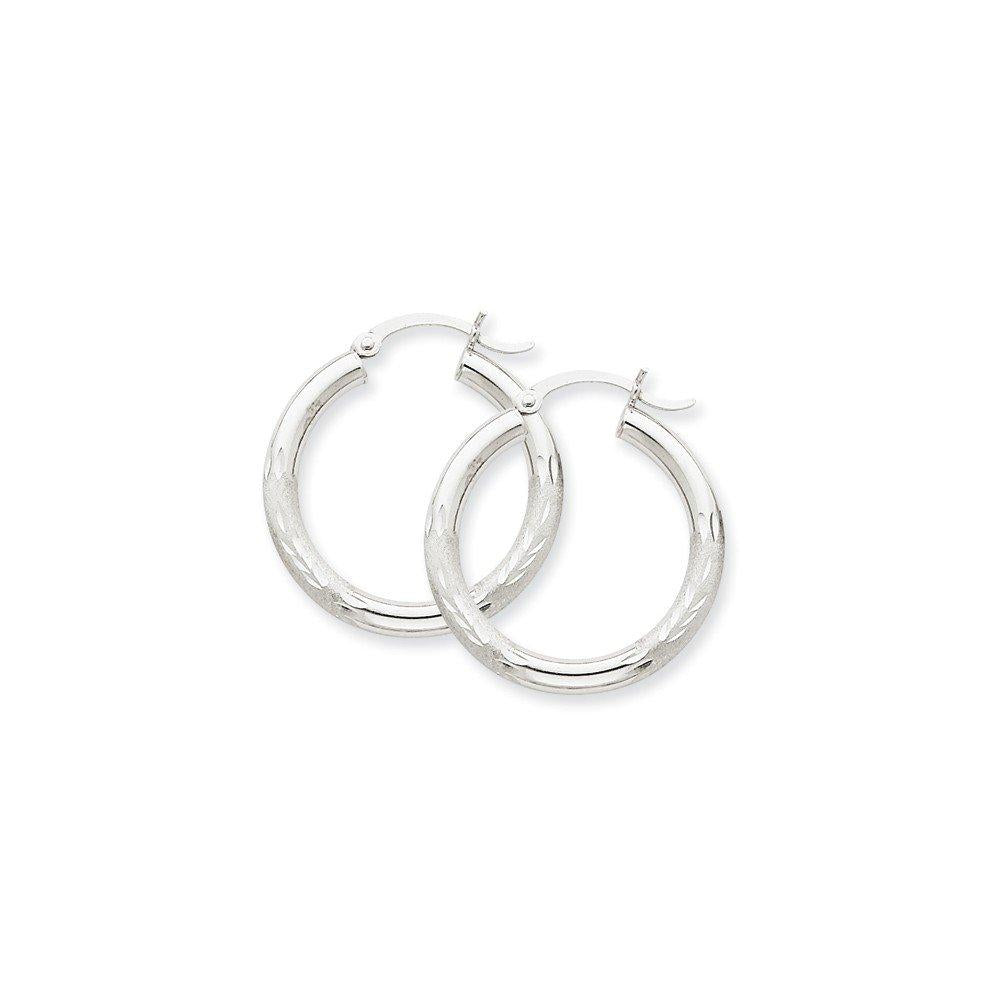 10k White Gold Satin & Diamond-cut 3mm Round Hoop Earrings 10TC277