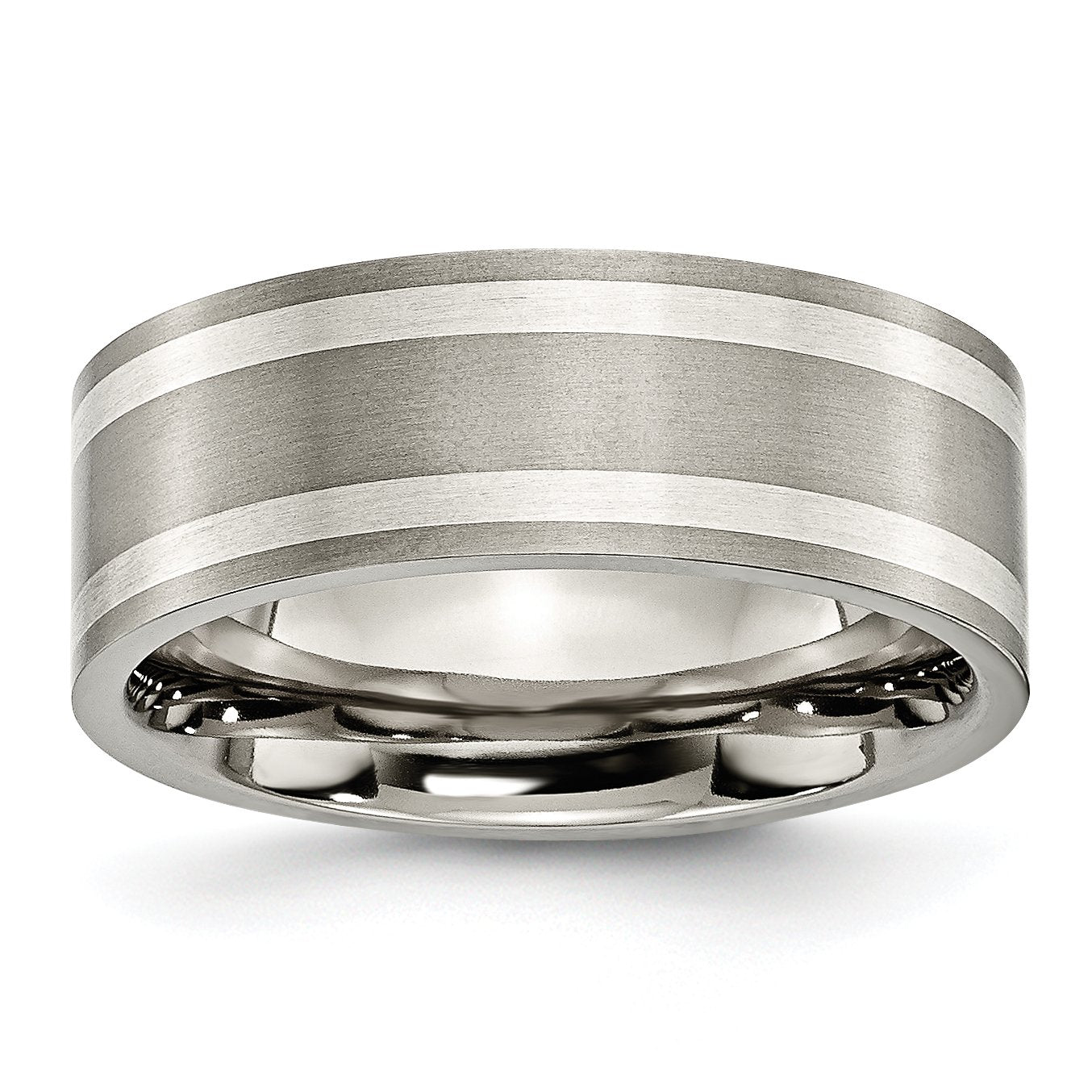 Titanium Sterling Silver Inlay Flat 8mm Brushed and Polished Band TB214