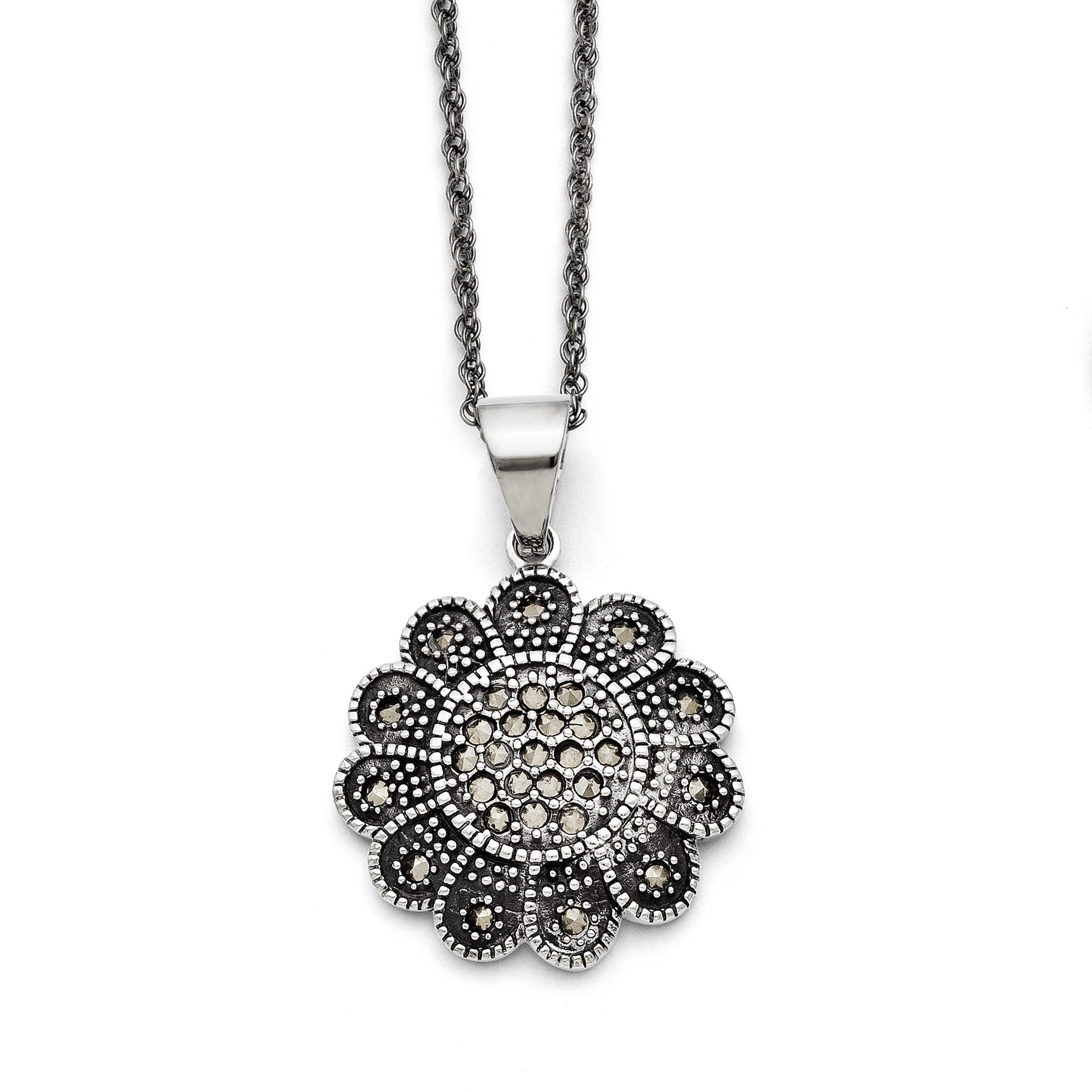 Stainless Steel Textured Flower Marcasite Necklace SRN1433