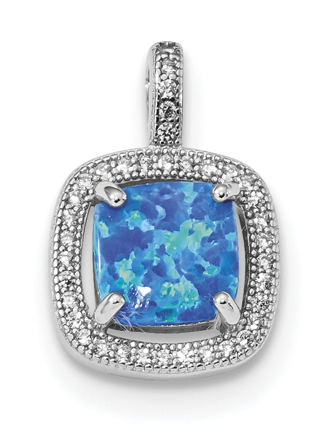 Sterling Silver Rhodium-plated Blue Square Created Opal w/CZ Pendant QP4877