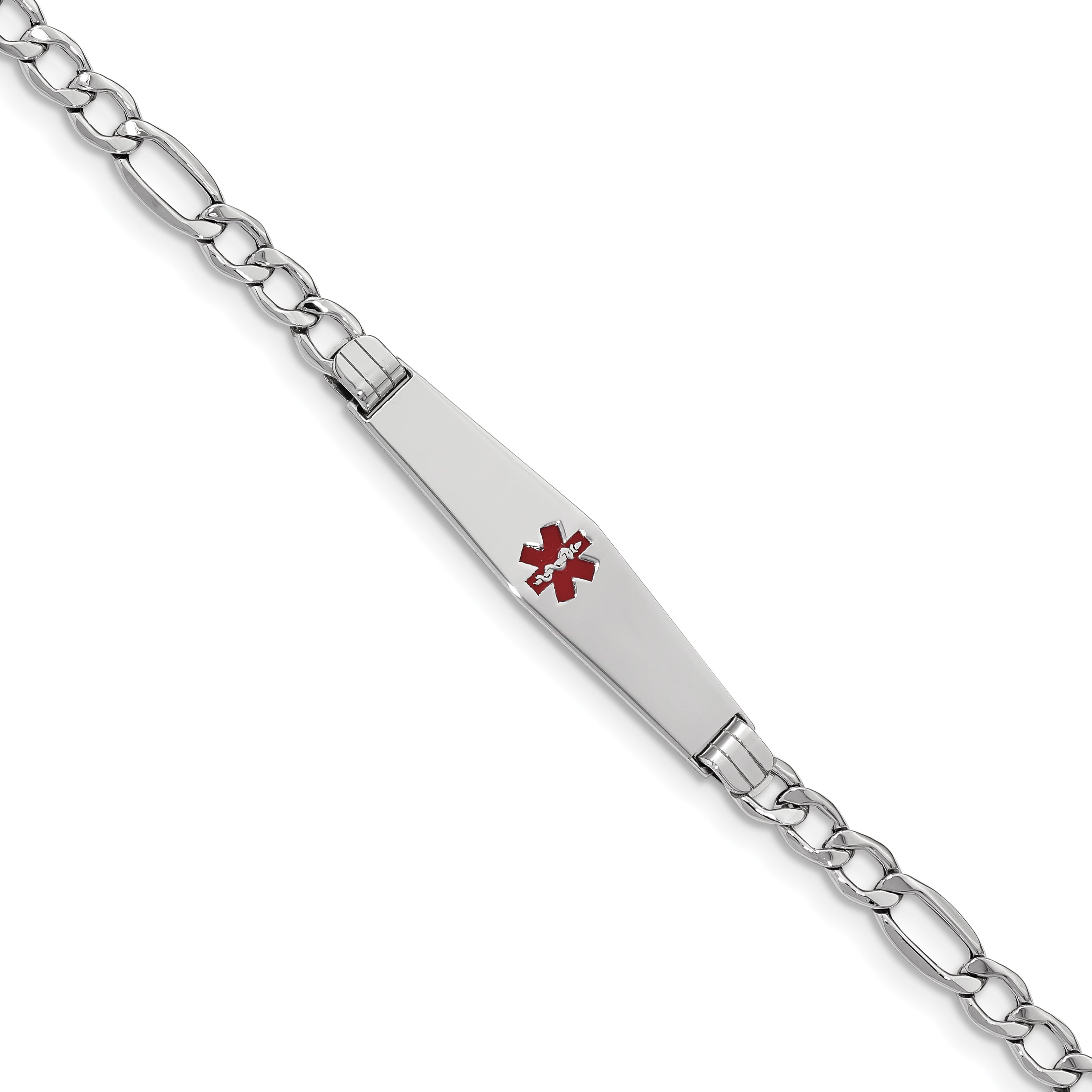 14K WG Semi-Solid Medical Soft Diamond Shape Red Enamel Figaro ID Bracelet