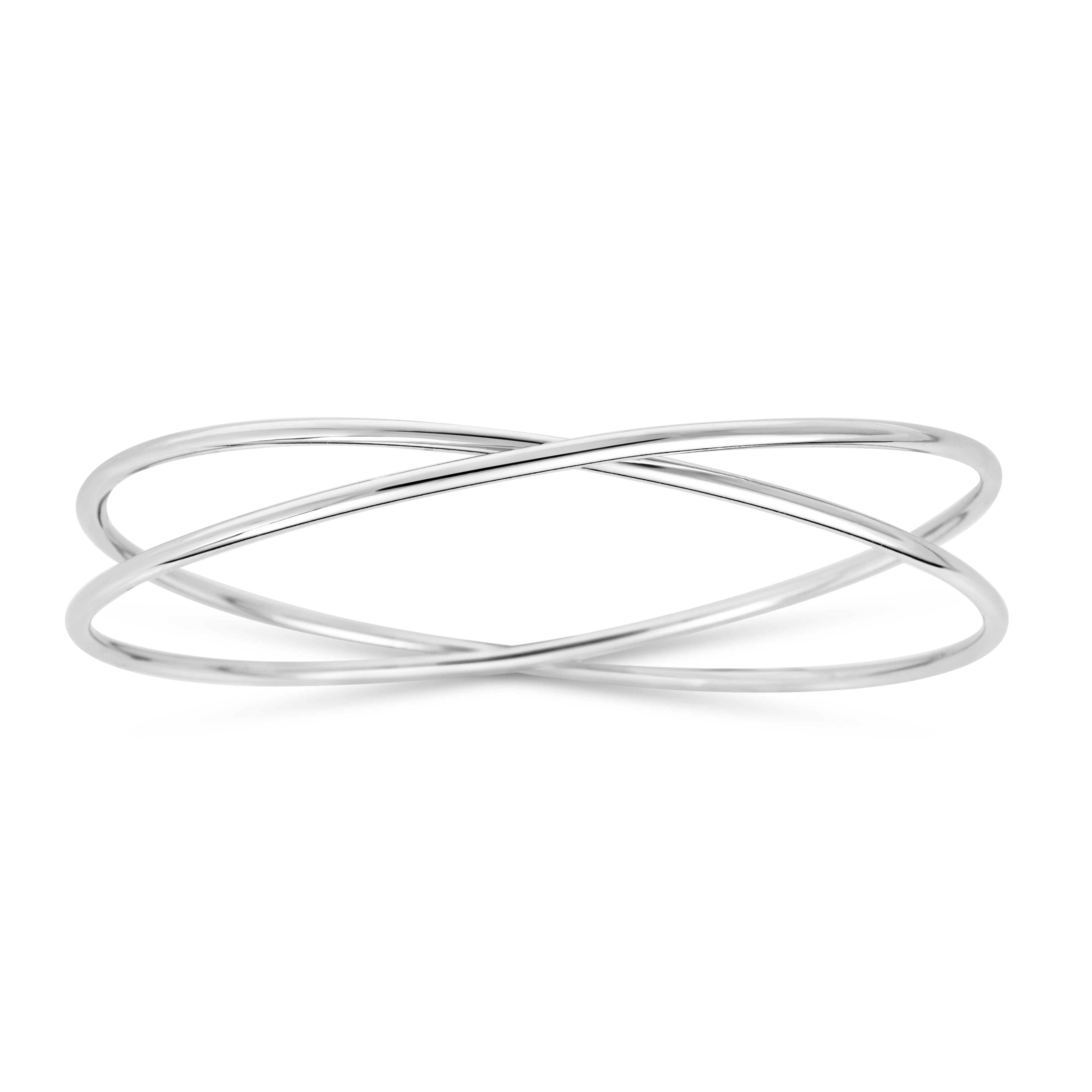 Silver Polished Slip on Crossover Fancy Bangle, with Rhodium Plating.