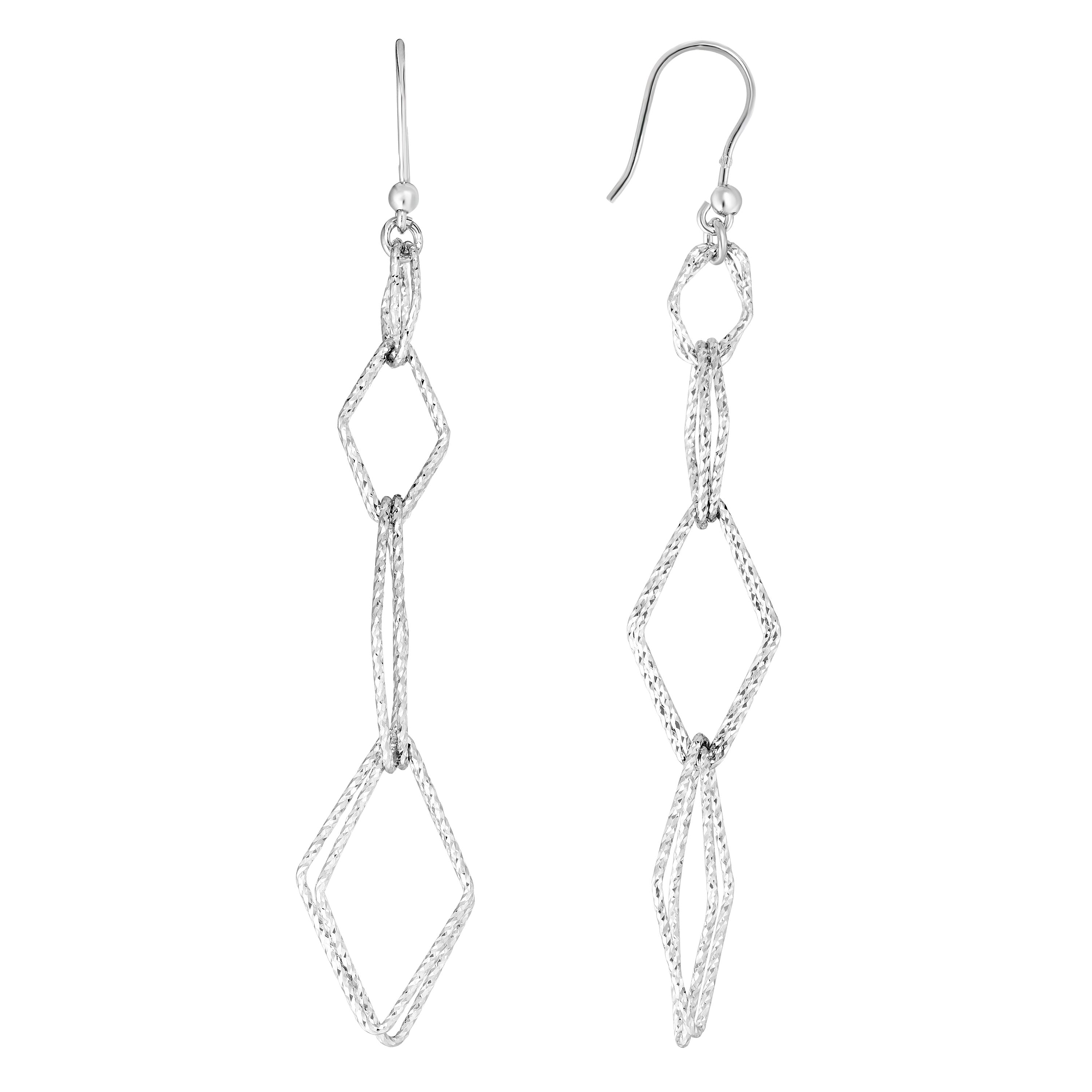 Sterling Silver Four Station Diamond Drop Diamond Cut Dangle Earring 