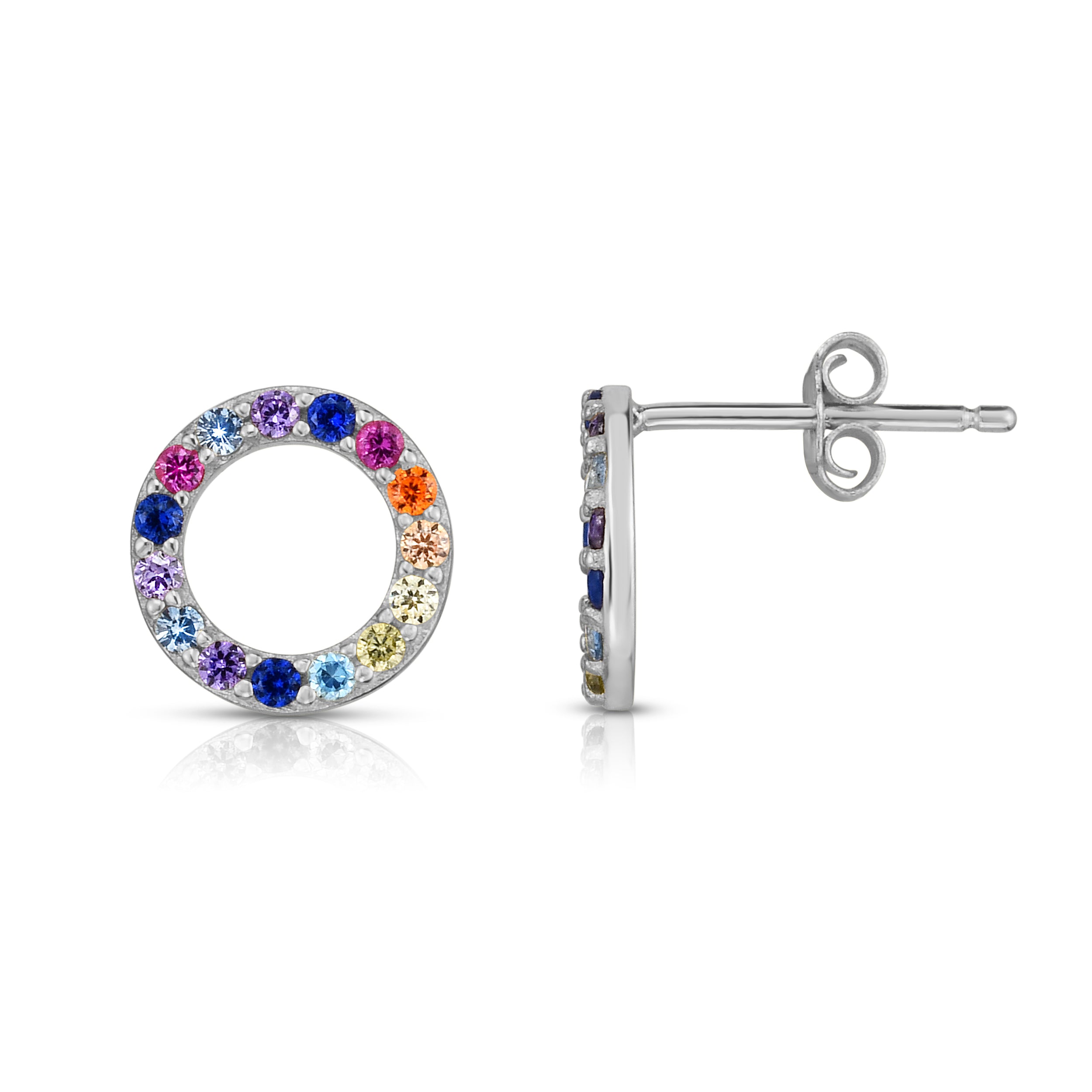 Sterling Silver Rainbow CZ Round Stud Earrings with Push Back Clasp