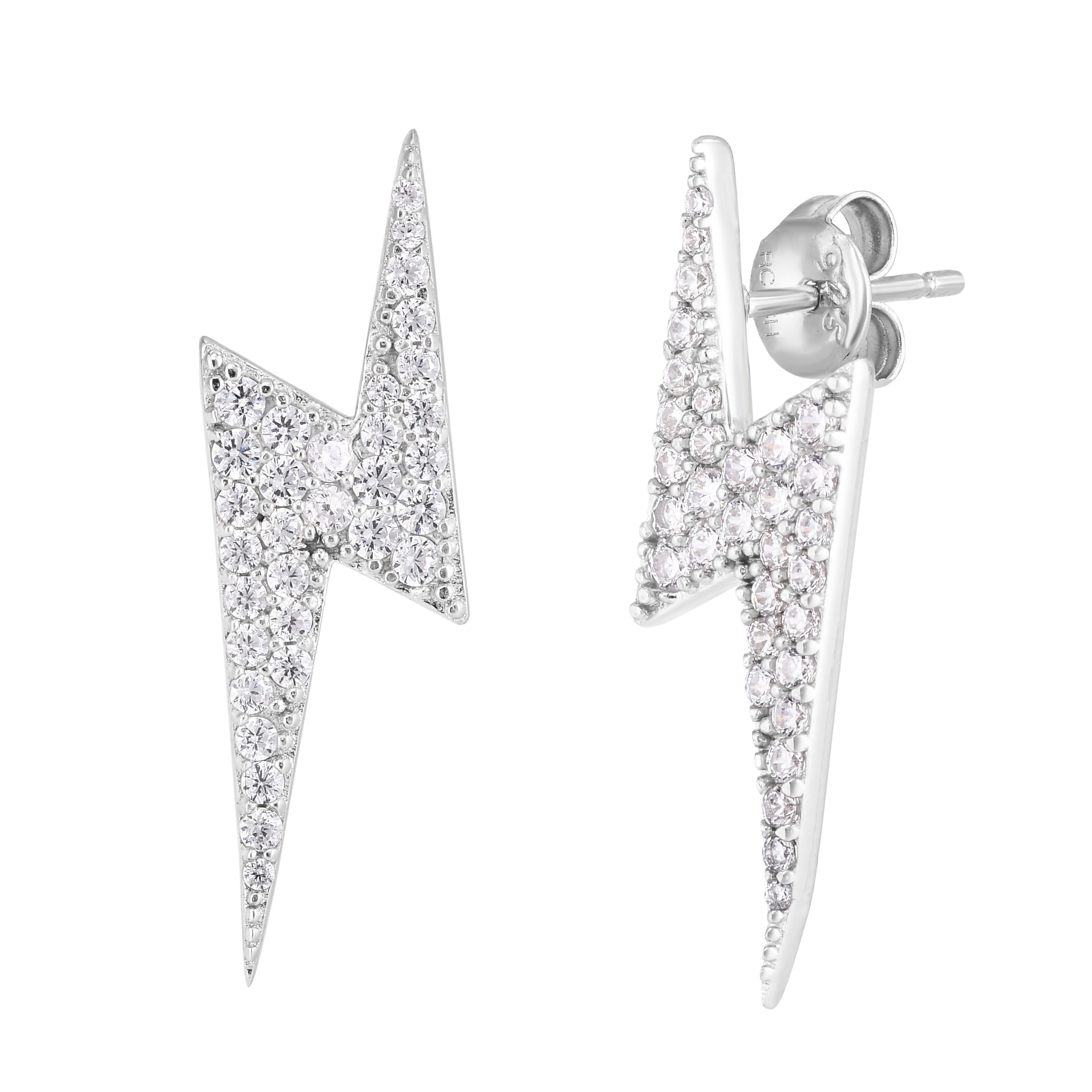 Sterling Silver CZ Lightening Bolt Studs with Push Back Closure