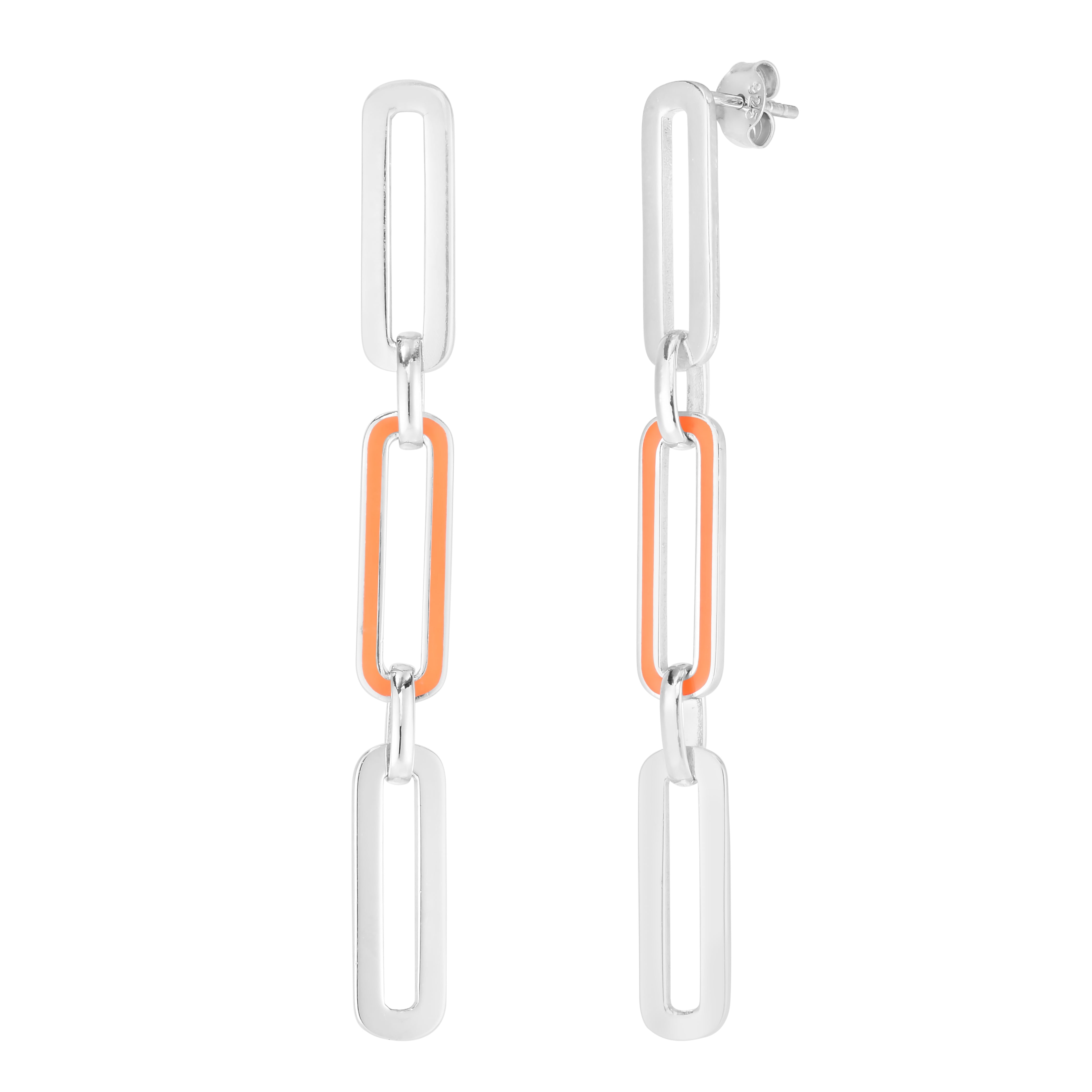 Silver Orange Enamel Paperclip Drop Earrings