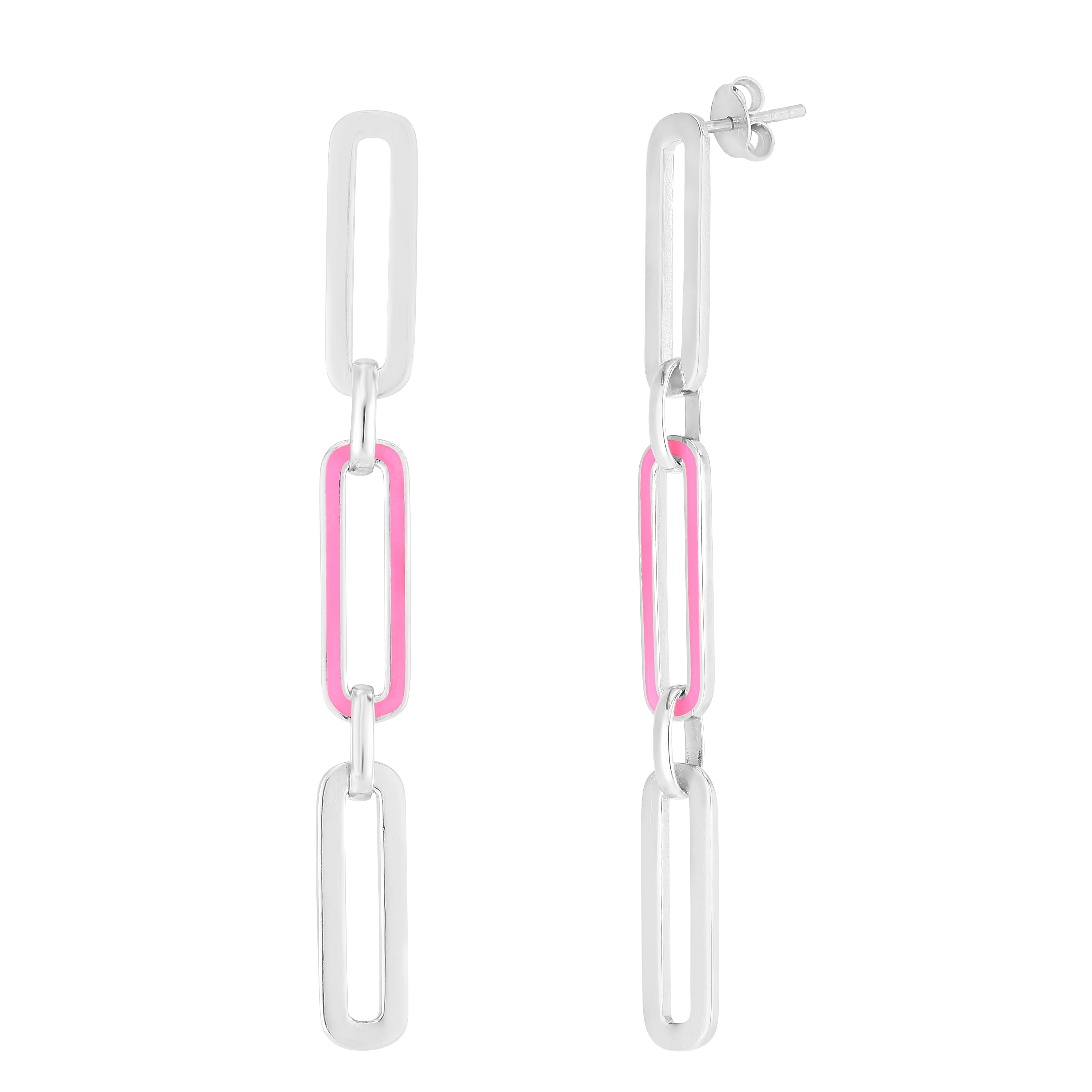 Silver Pink Enamel Paperclip Drop Earrings