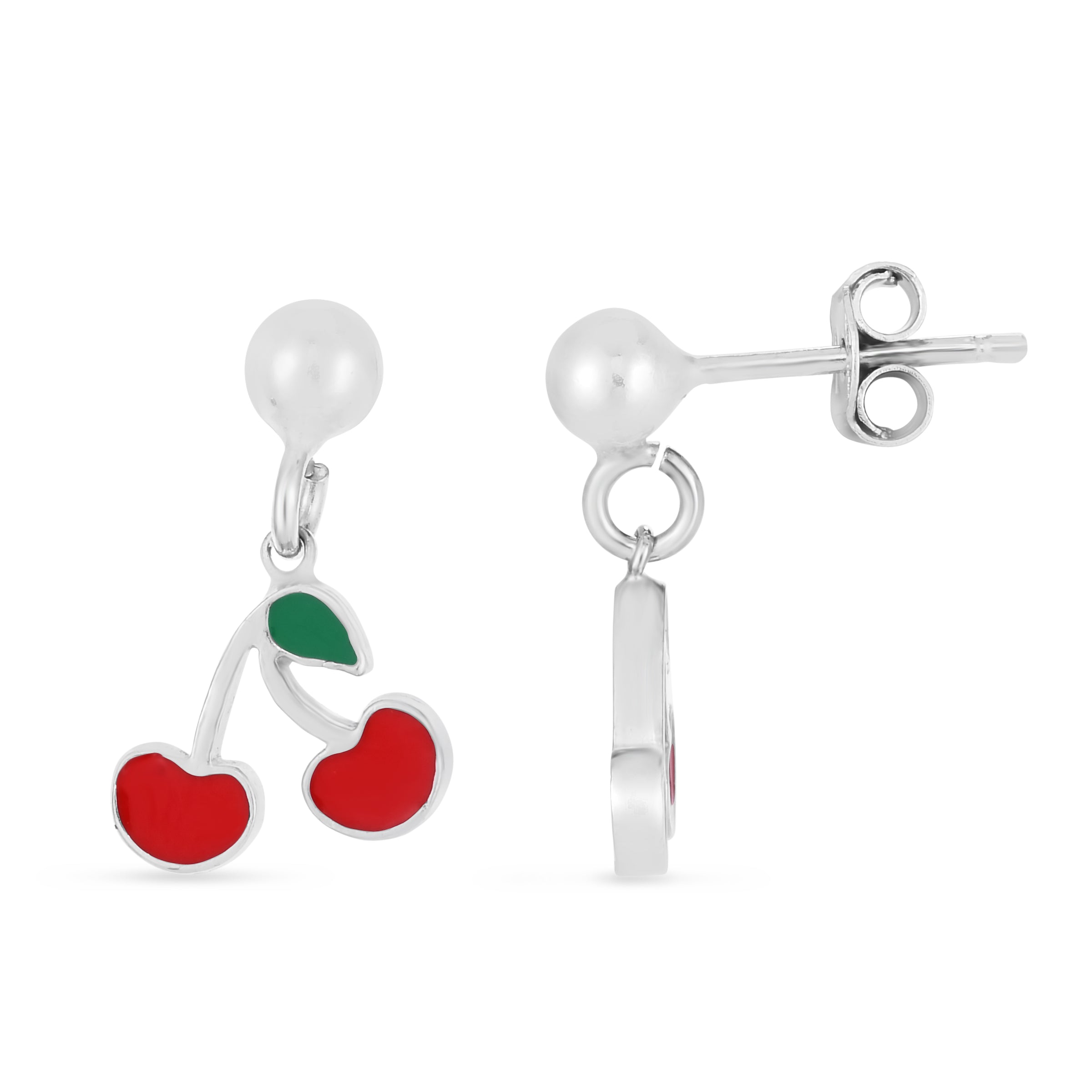 Sterling Silver Polished Enamel Cherry Drop Earrings with Push Back Closure.