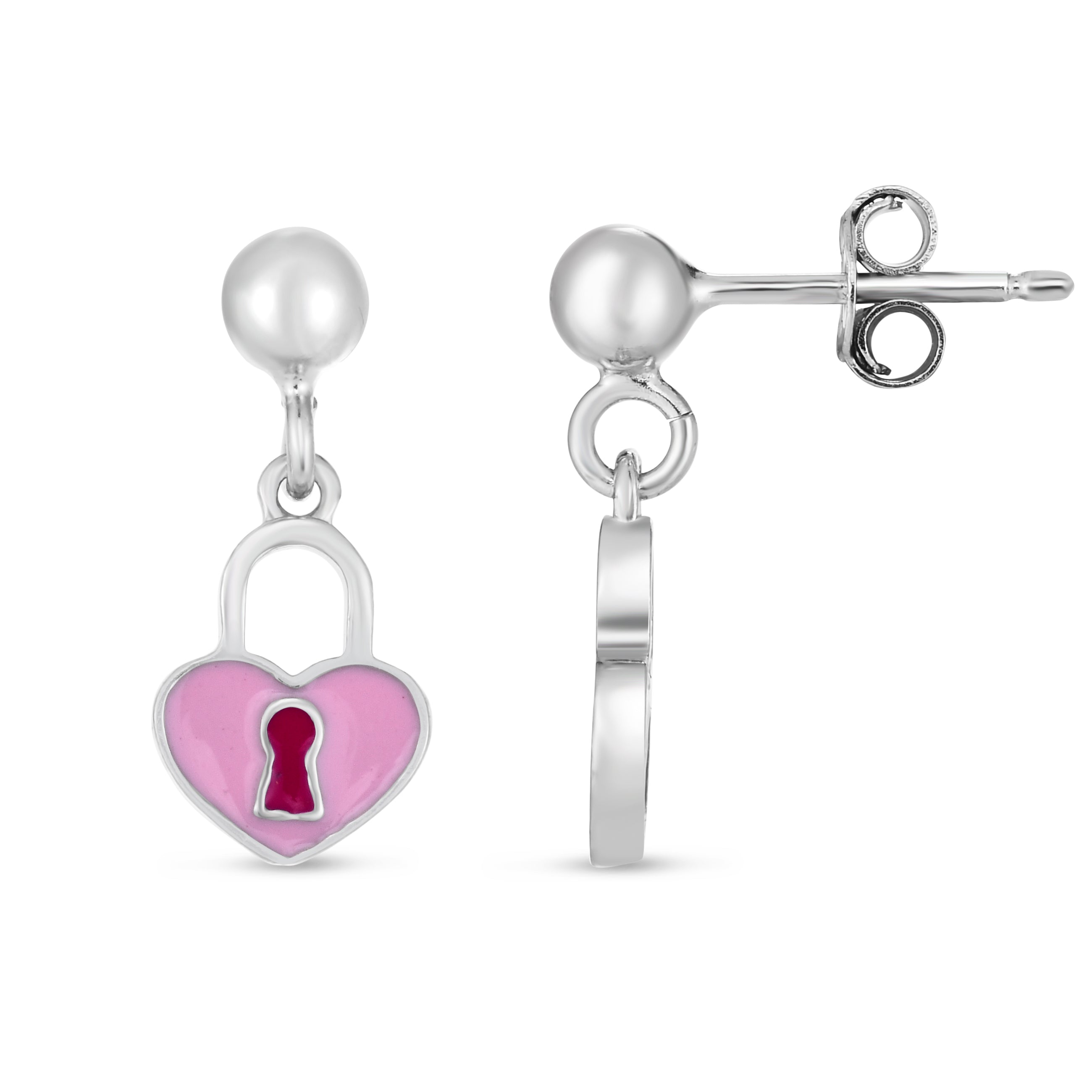 Sterling Silver Polished Enamel Padlock Drop Earrings with Push Back Closure.