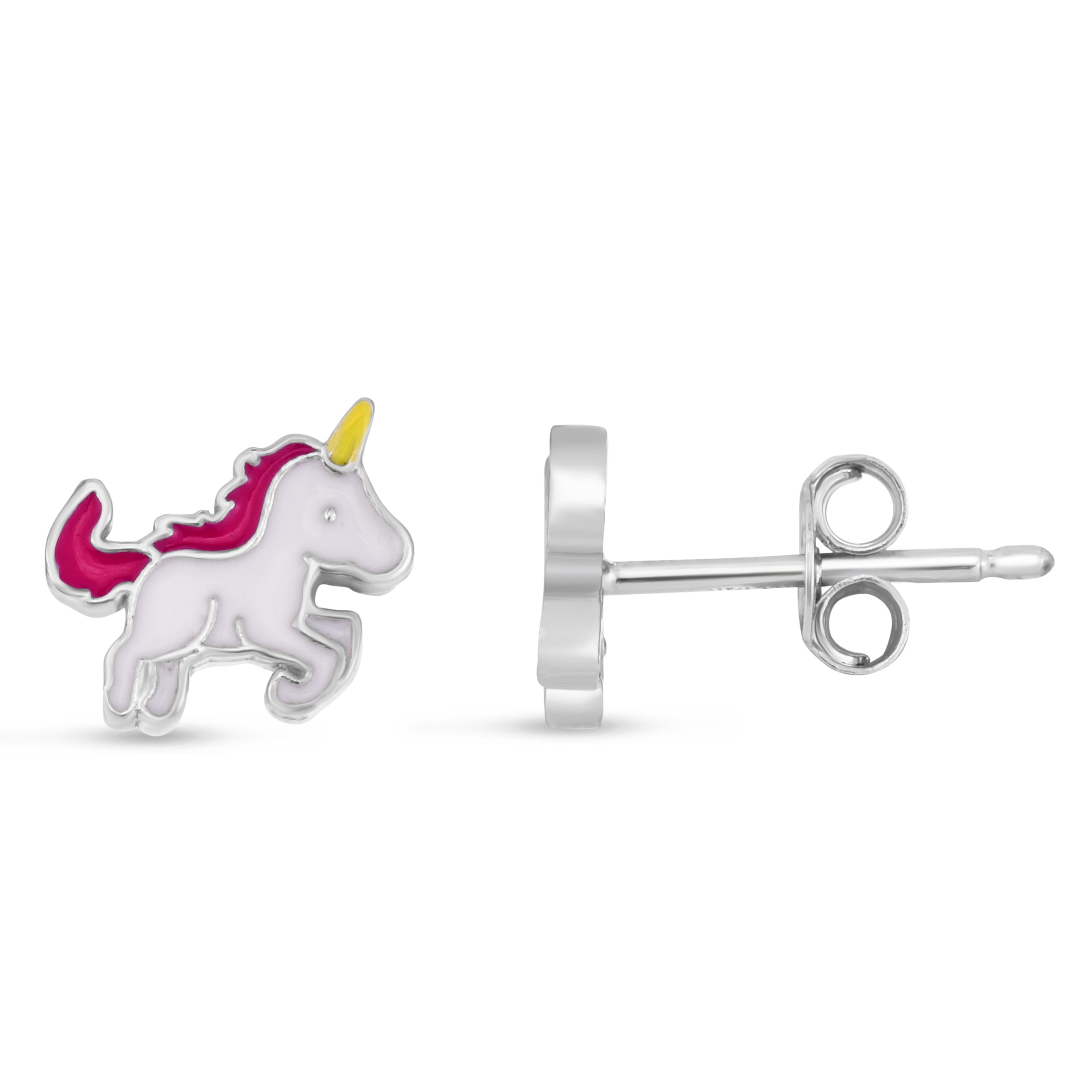 Sterling Silver Polished Enamel Unicorn Studs with Push Back Closure.