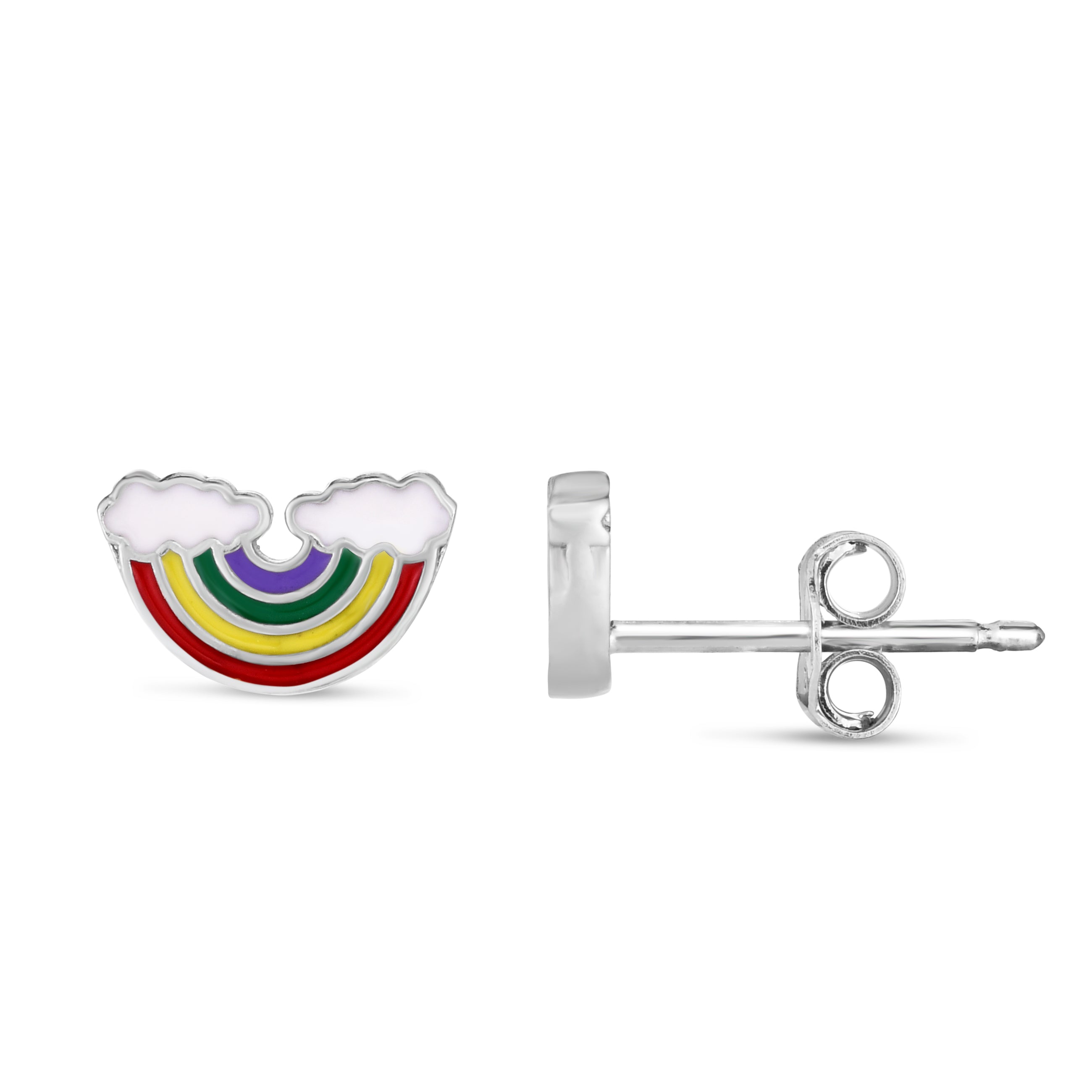 Sterling Silver Polished Enamel Rainbow Studs with Push Back Closure.