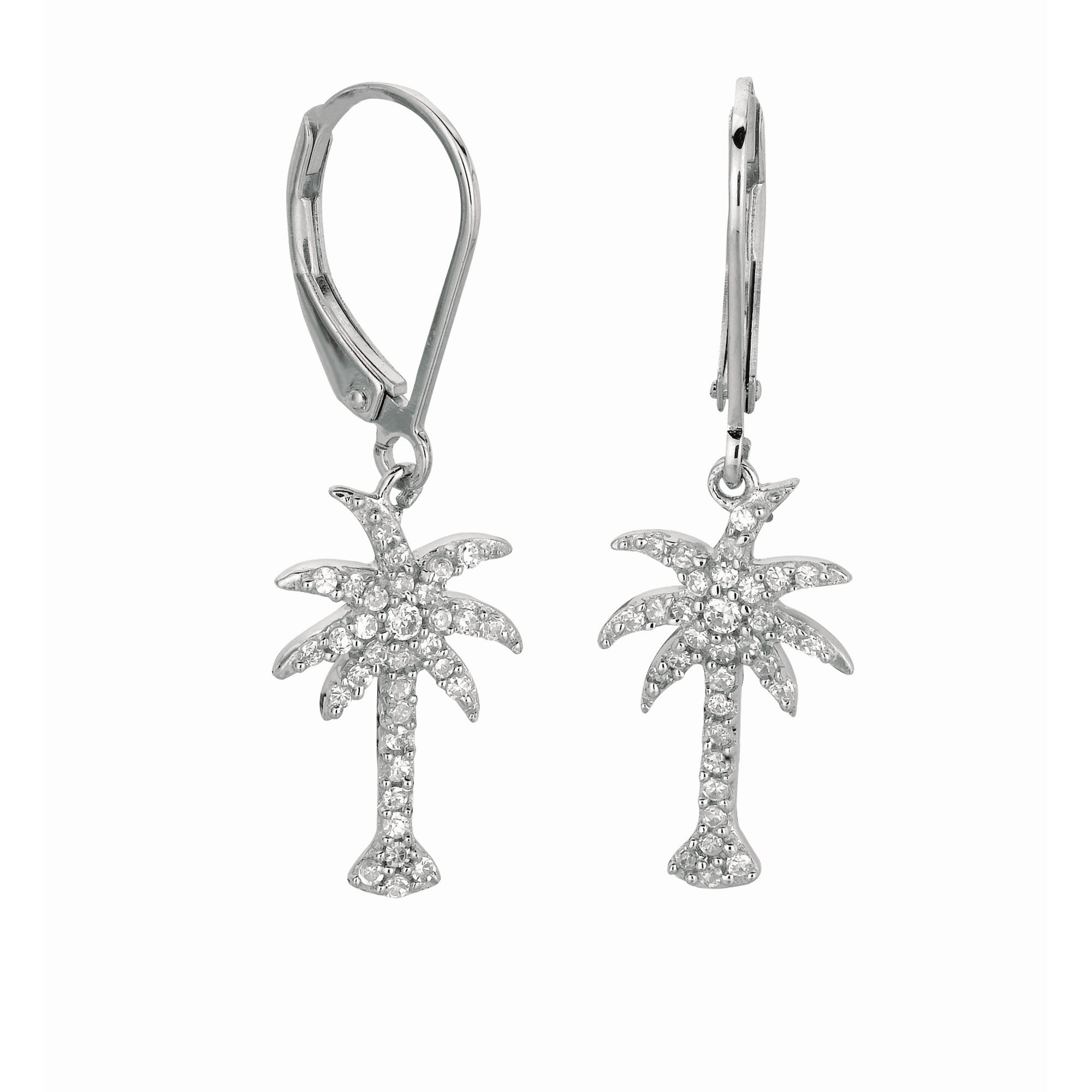 Sterling Silver CZ Palm Tree Dangle Earrings