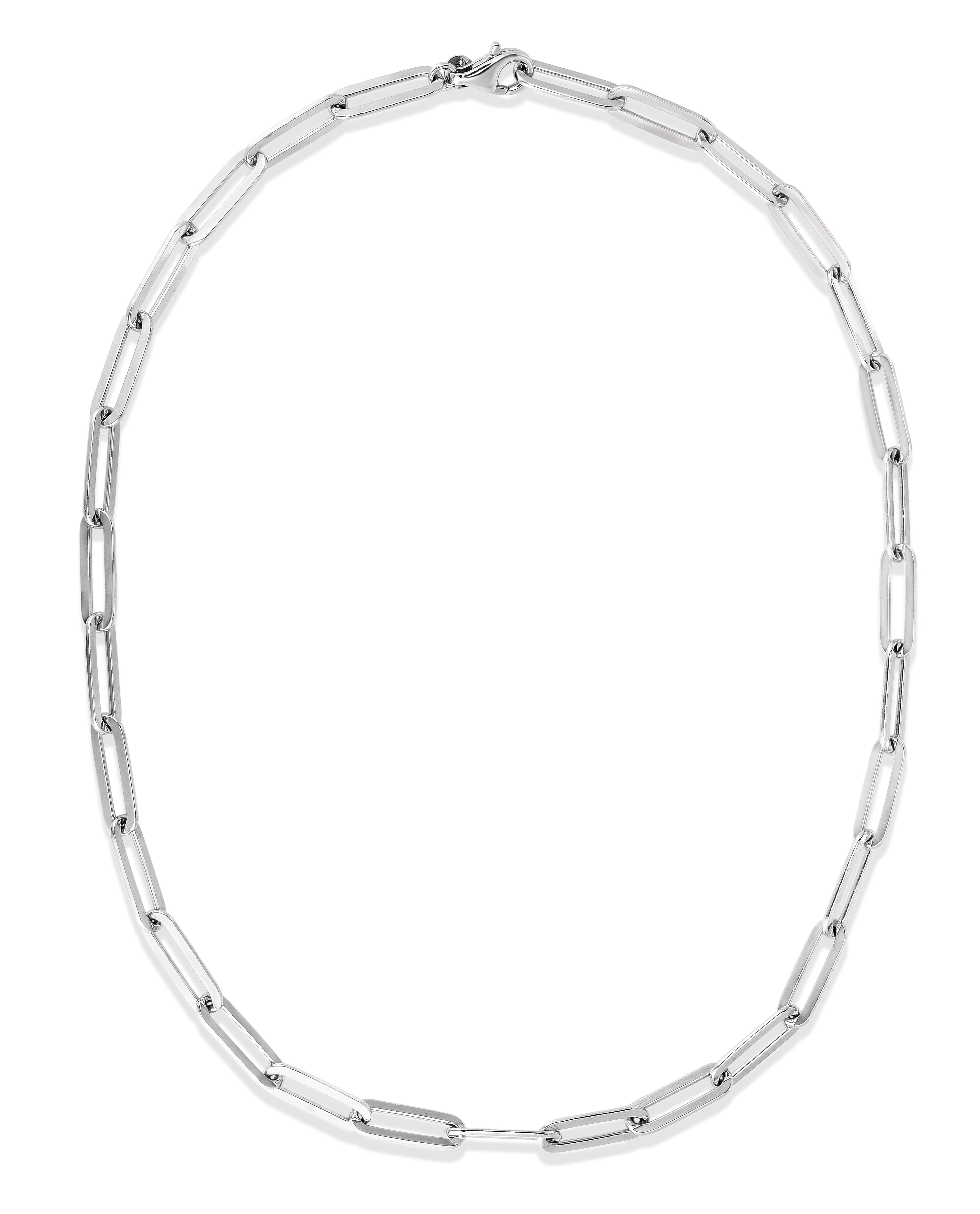 Silver 30" 4.15mm Polished Flat Paperclip Chain Necklace with Pear Shaped Lobster Clasp. Rhodium Plated.