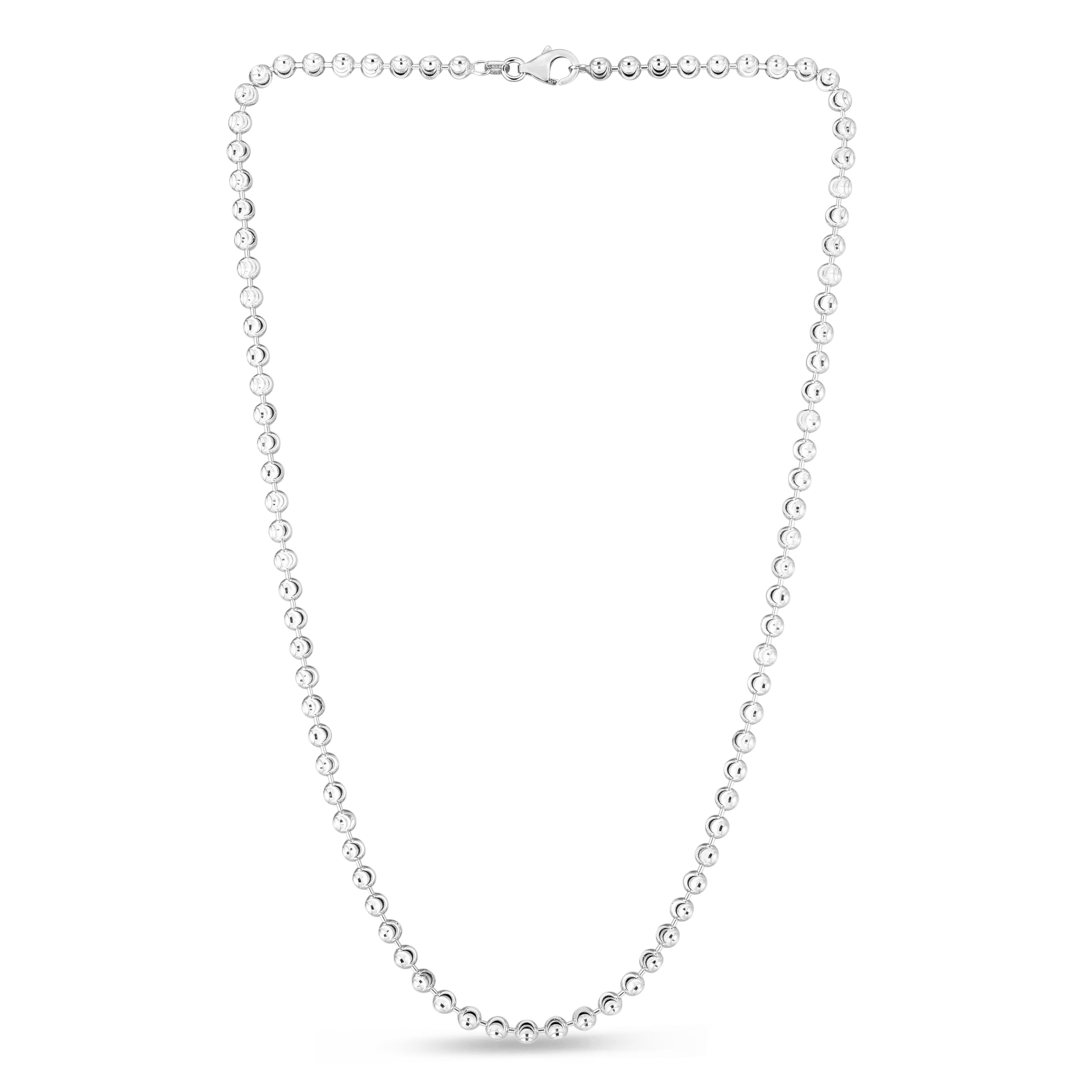 Sterling Silver 4mm Moon-cut Bead 24" Chain with Lobster Clasp. Item has rhodium finish.