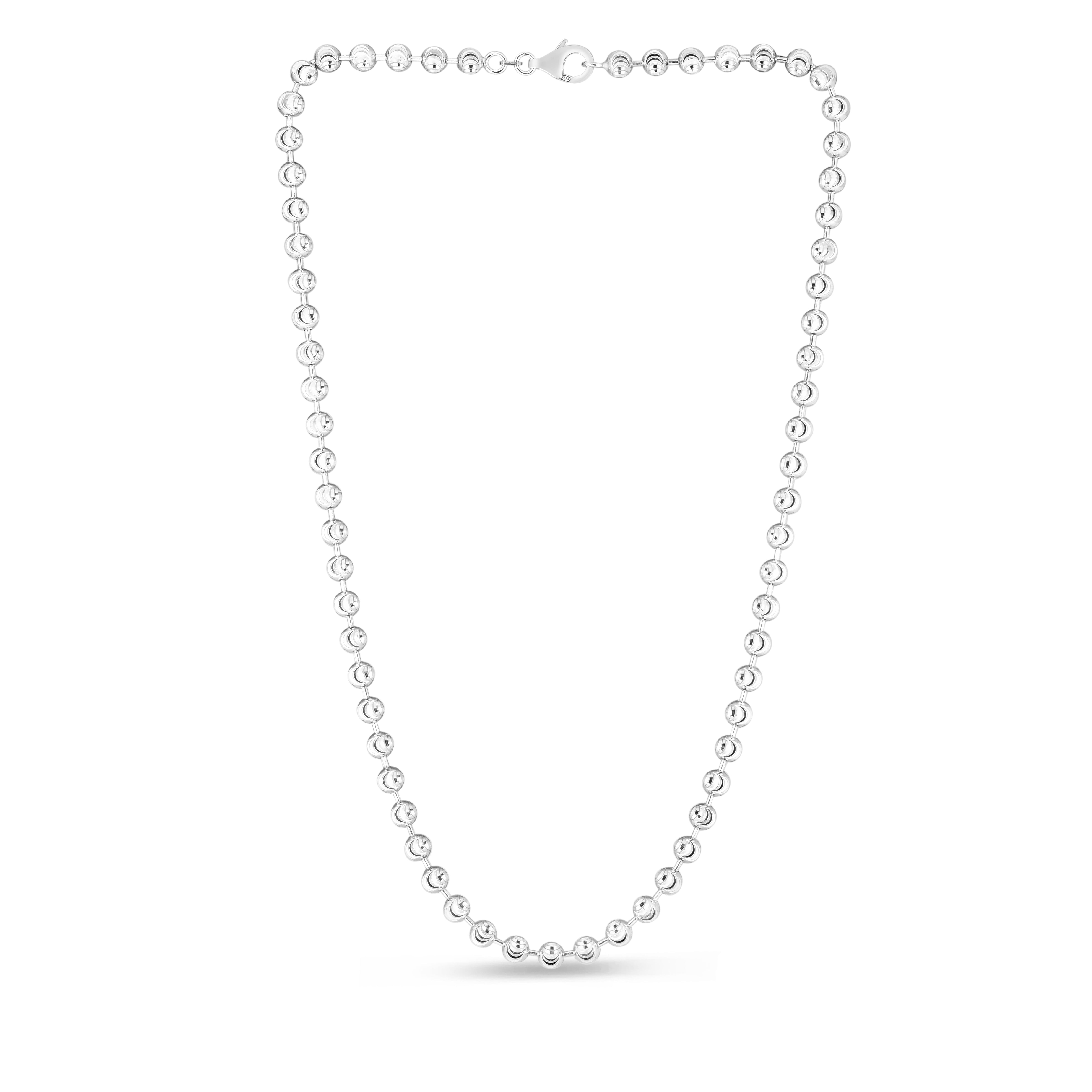 Sterling Silver 5mm Moon-cut Bead 24" Chain with Lobster Clasp. Item has rhodium finish.