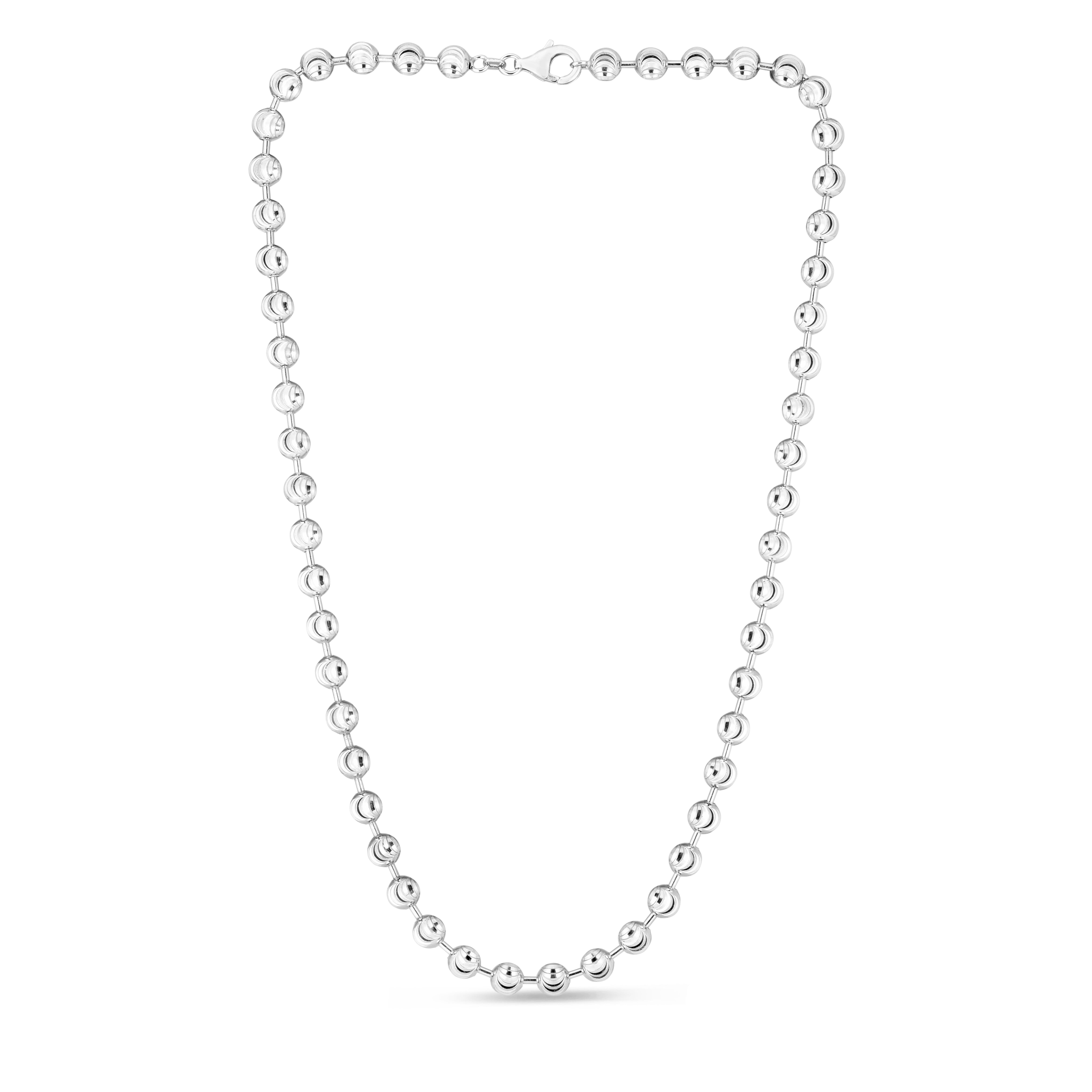 Sterling Silver 6mm Moon-cut Bead 24" Chain with Lobster Clasp. Item has rhodium finish.