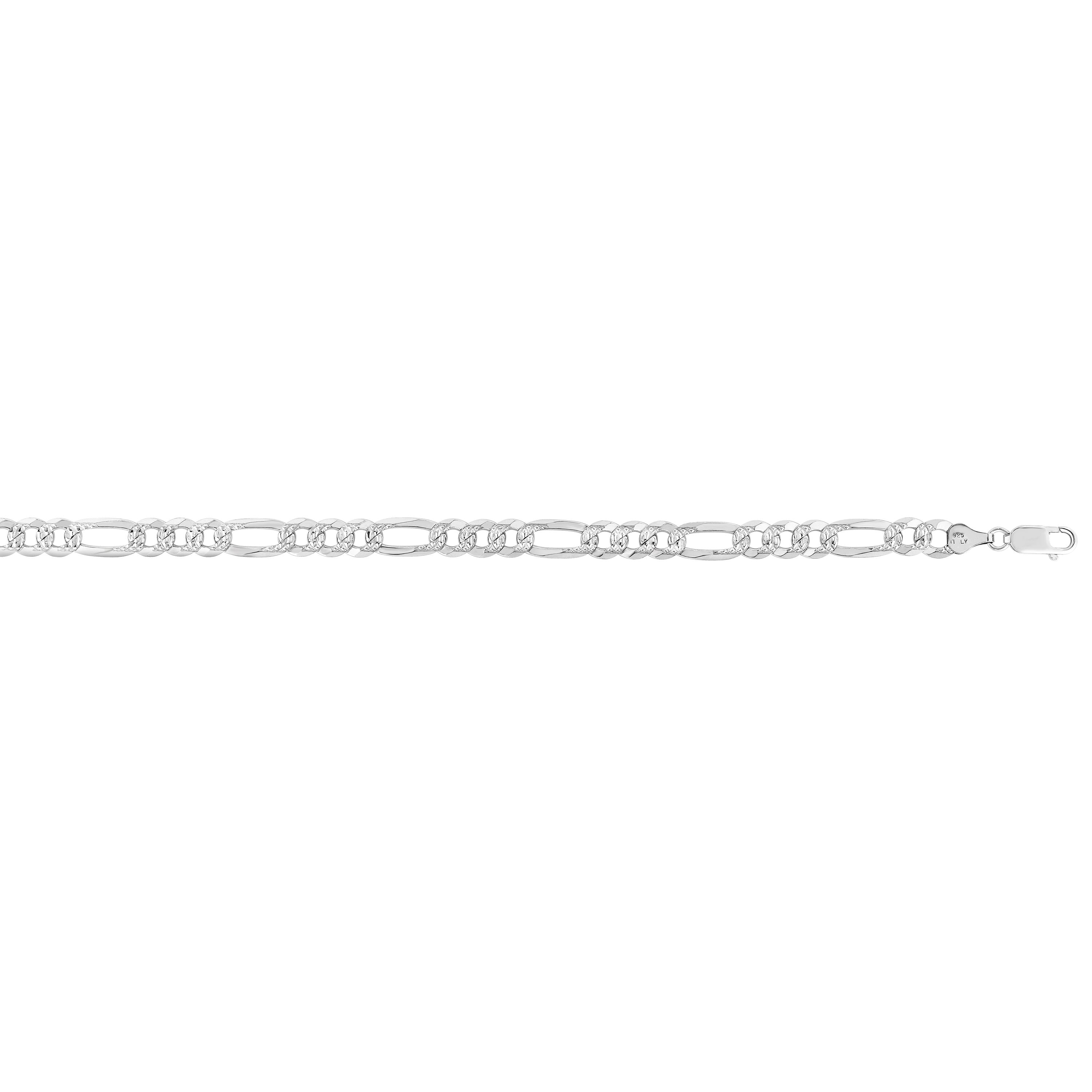 Sterling Silver 6.3mm White Pave Figaro 24" Chain with Lobster Clasp