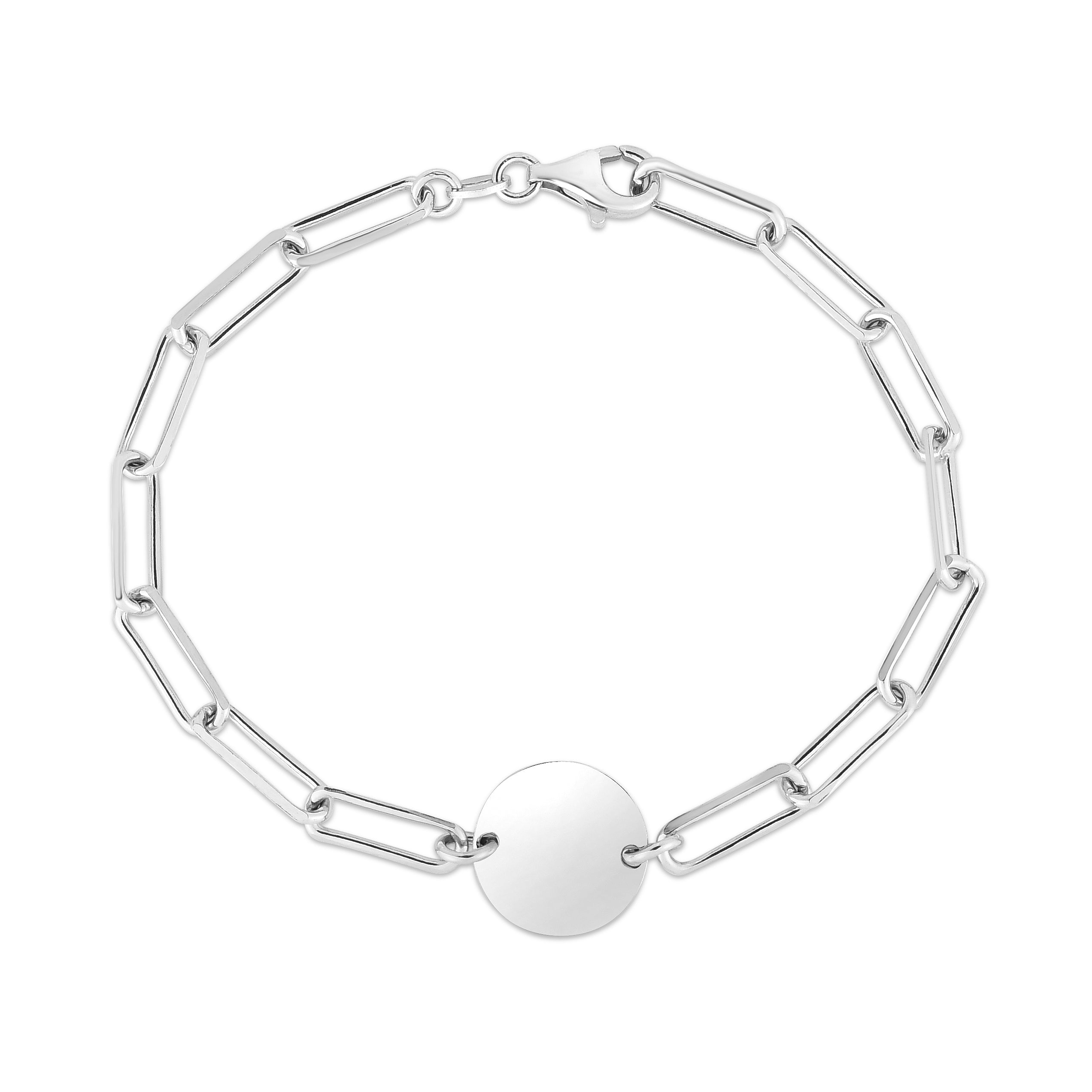 Silver 7.25" Engravable Circle Paperclip Bracelet with Lobster Clasp.