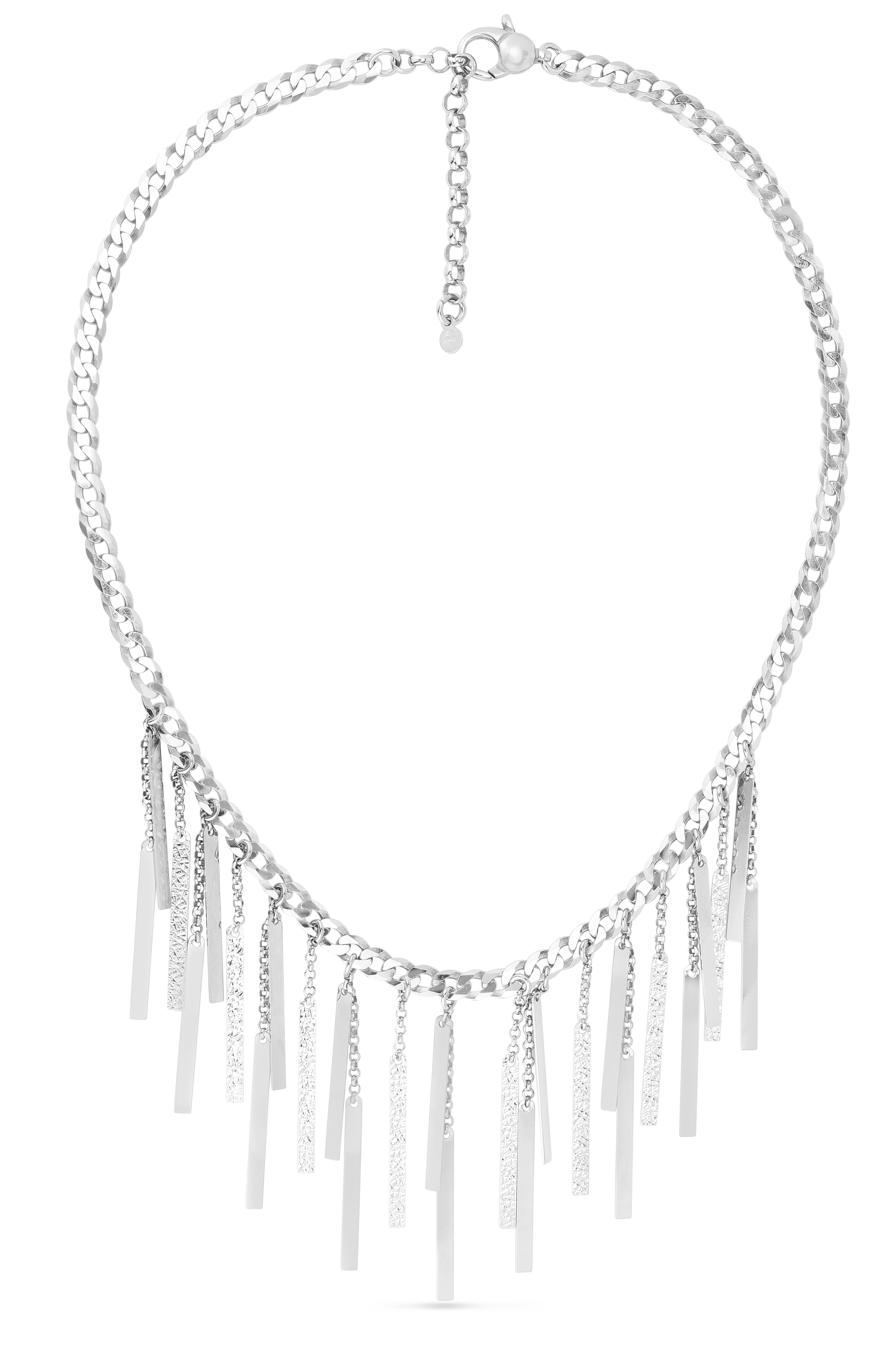 Silver 18" Bar Fringe Choker Necklace with Lobster Clasp and 2" Extender links.