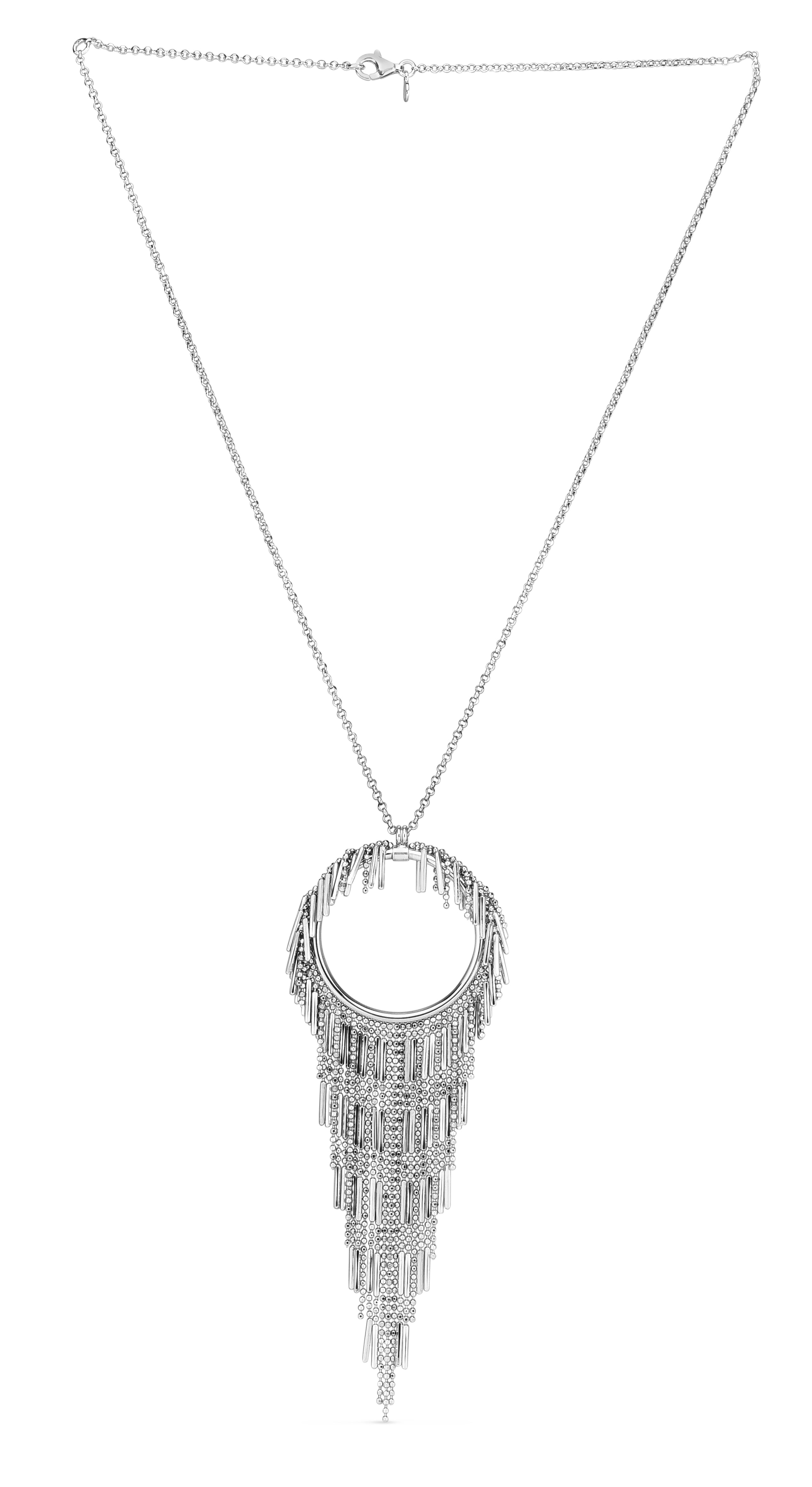 Silver 18" Open Circle Drop Fringe Changelier Necklace with Lobster Clasp, and 2" Extender links.