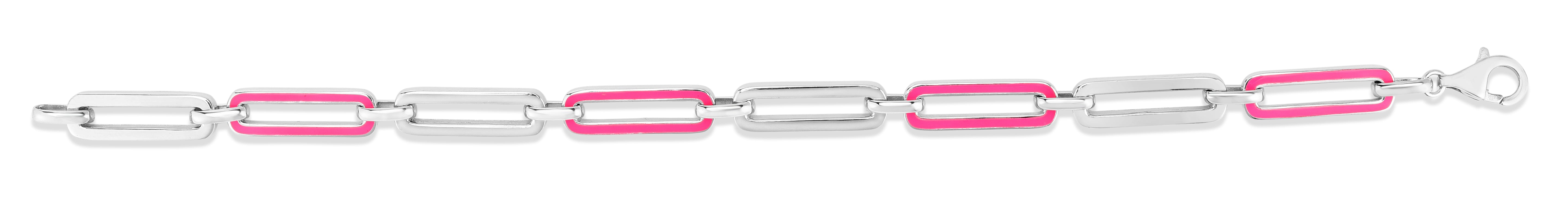 Silver 7" Hot Pink Enamel Paperclip Bracelet with Lobster Clasp.