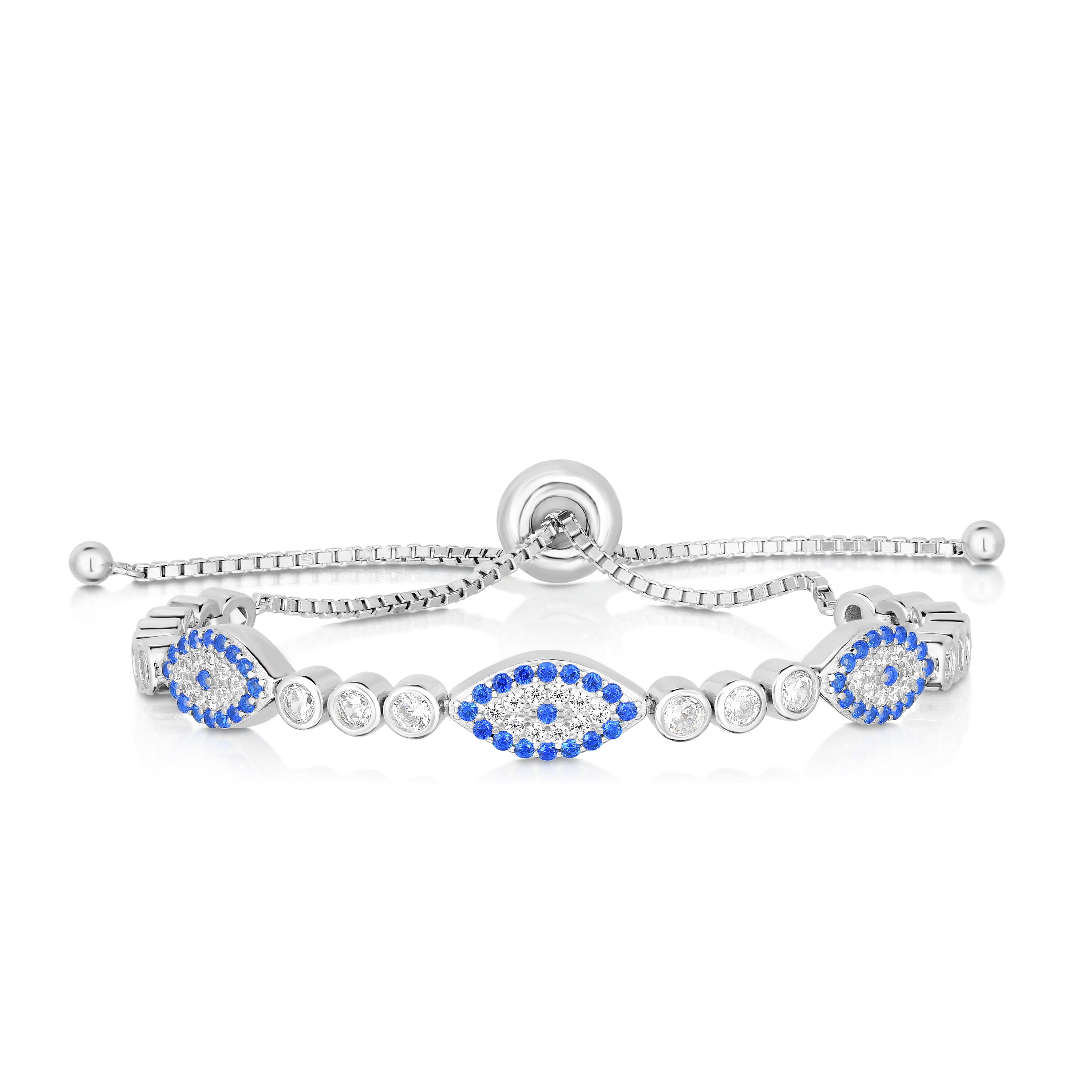 Sterling Silver 9.25" CZ Evil Eye Station Friendship Bracelet