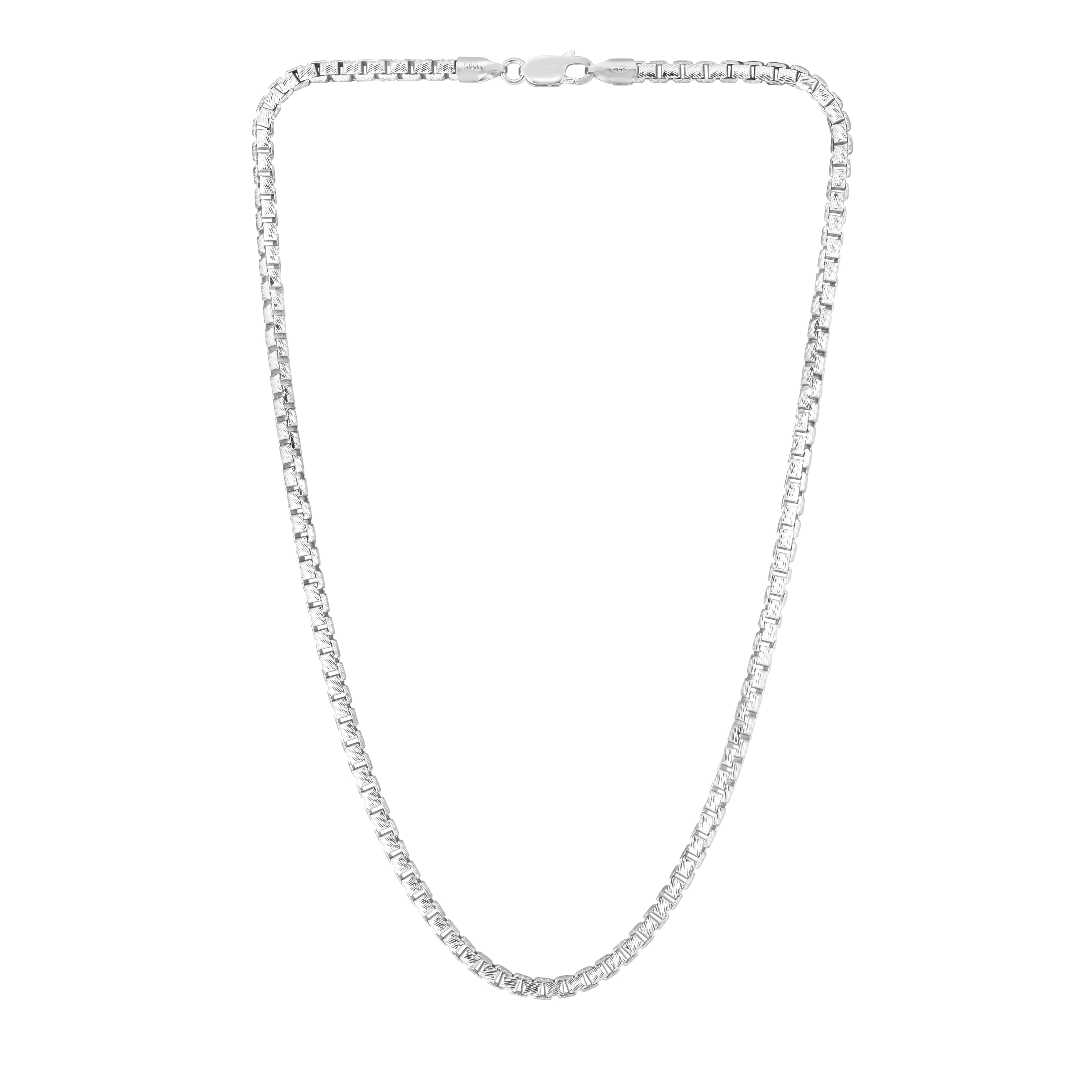 Sterling Silver 3.9mm Rockstar Cut Round Box 24" Chain with Lobster Clasp. Item has rhodium finish.