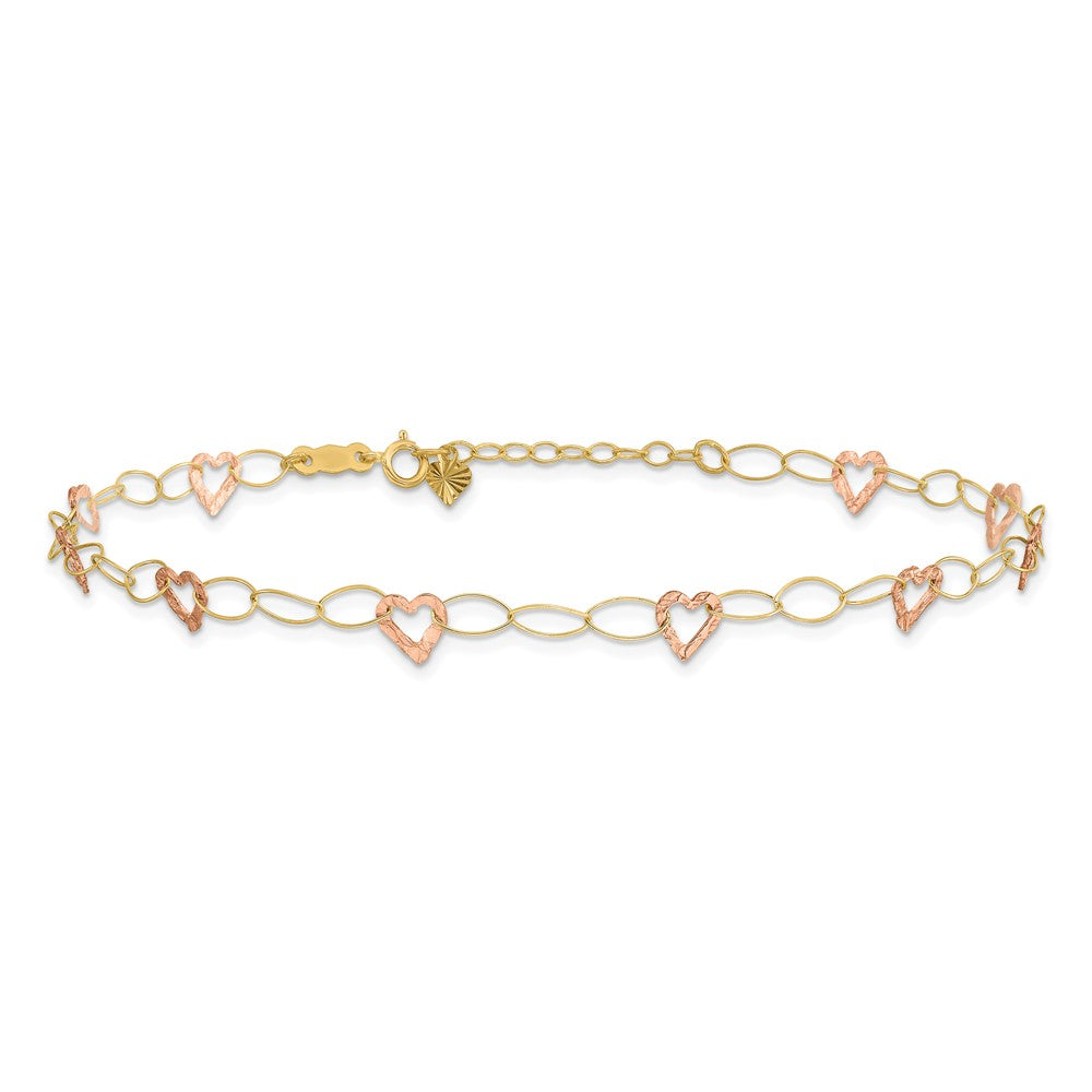 14k Two-tone Adjustable Heart 9in Plus 1in extension Anklet