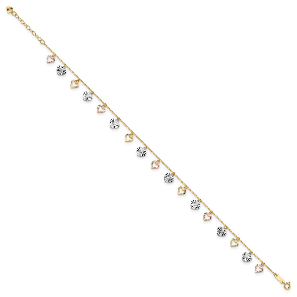 14K Tri-Color Heart 9in Plus 1in ext  Anklet