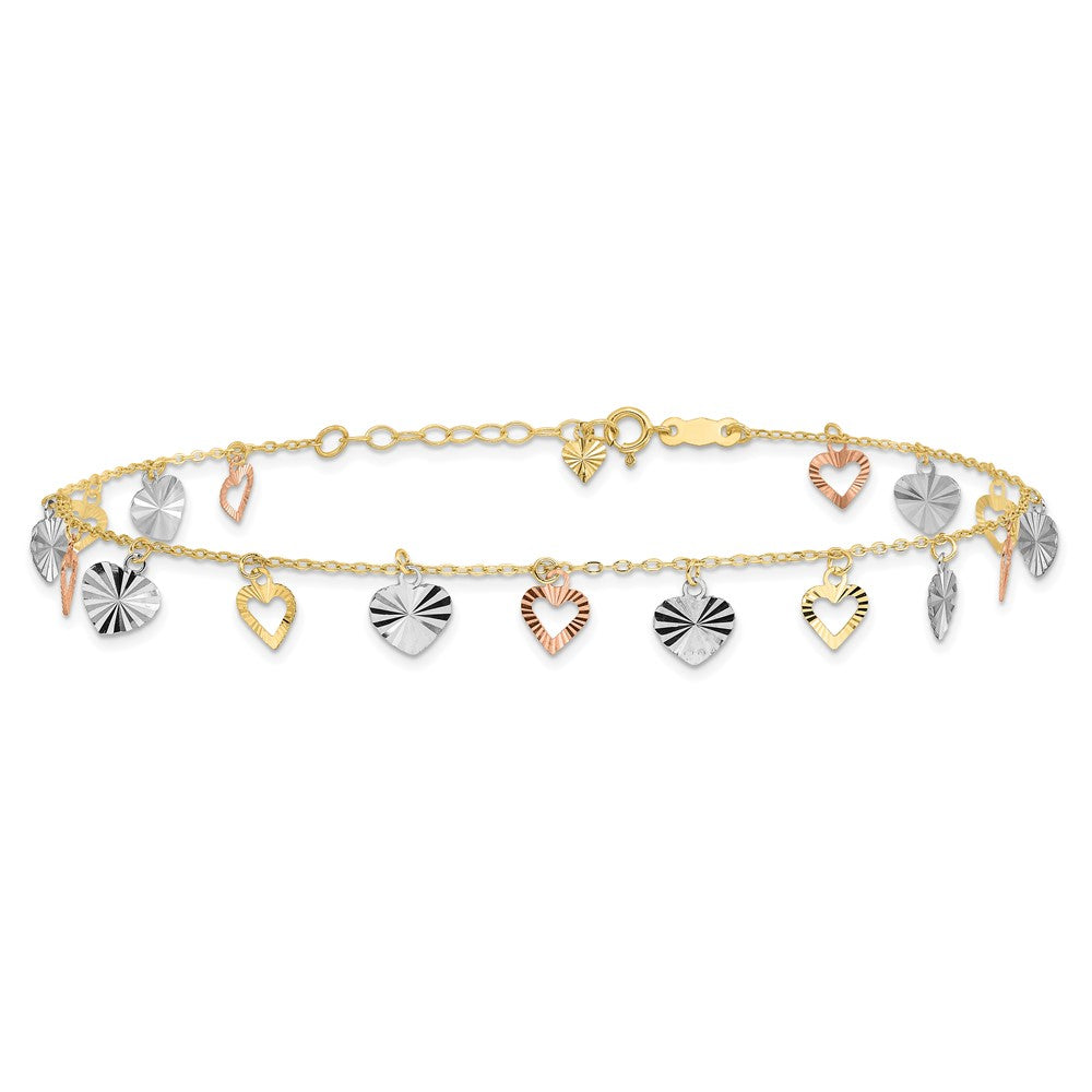 14K Tri-Color Heart 9in Plus 1in ext  Anklet